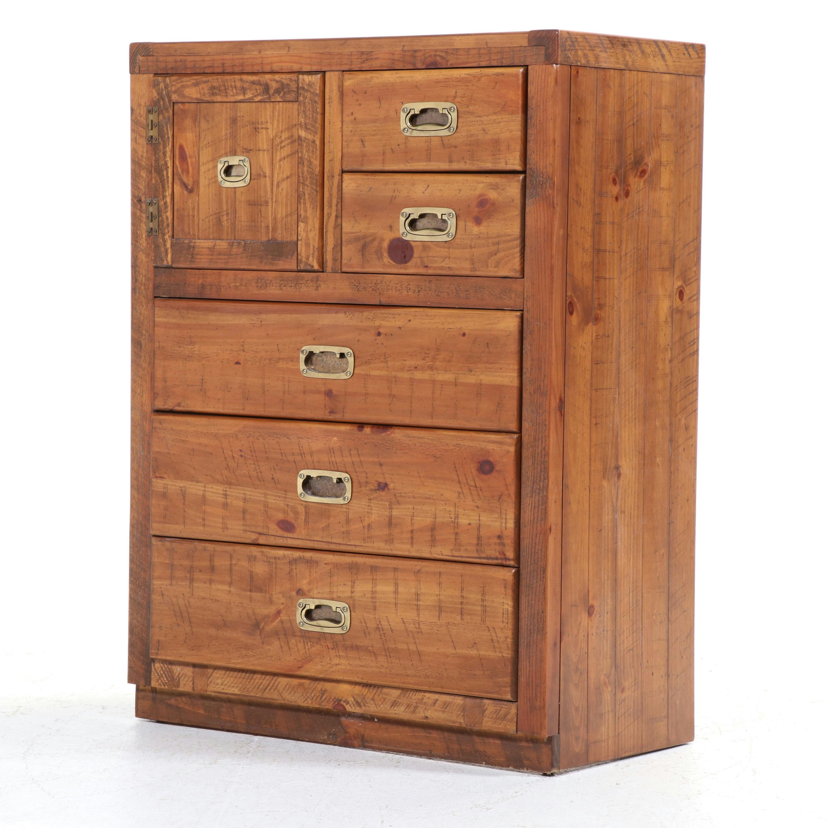Young-Hinkle Campaign Style Pine Five-Drawer Hat Box Chest, Late 20th Century