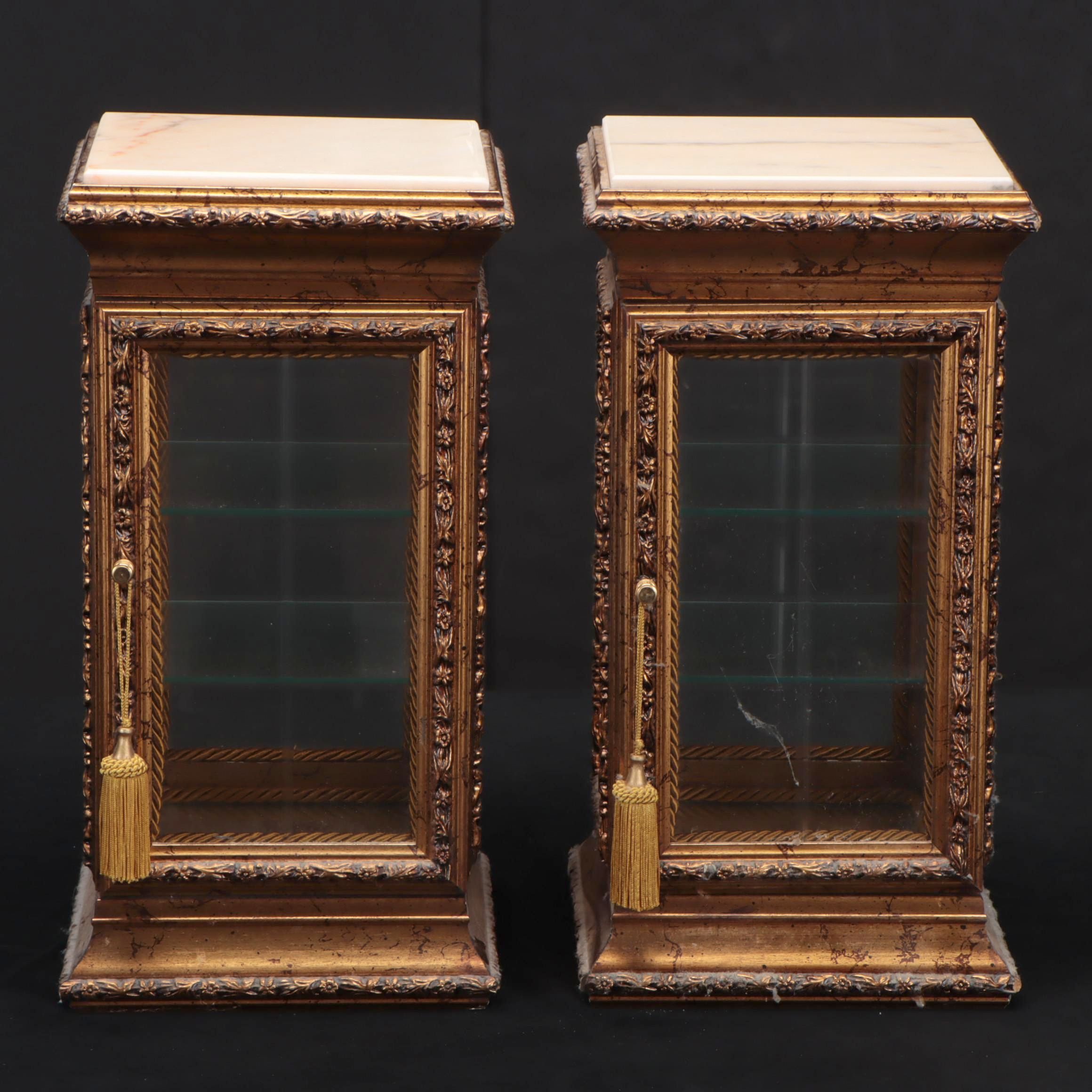 Pair of Horchow Italian Rococo Style Giltwood Marble Tabletop Vitrines