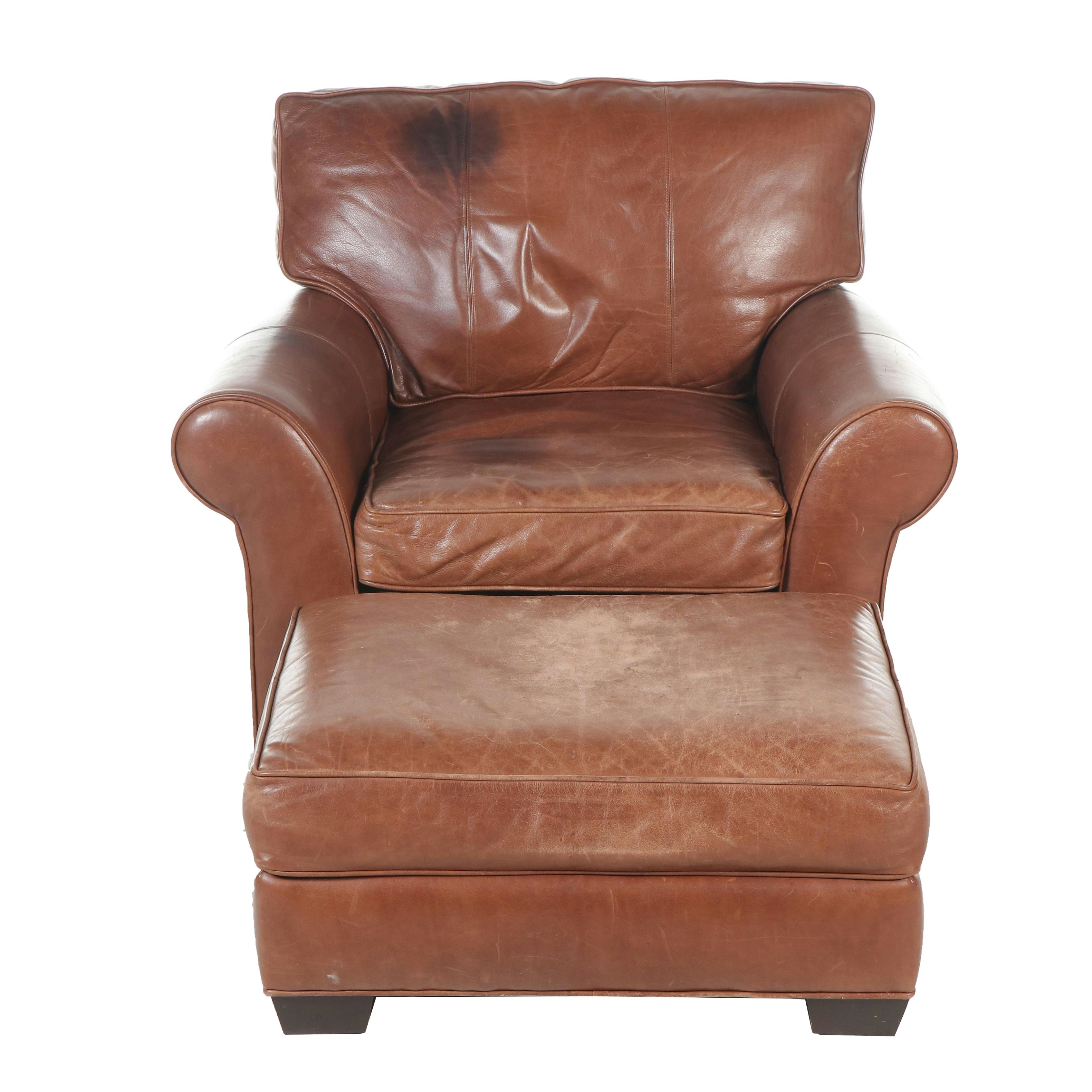 Arhaus Furniture Brown Leather Club Chair with Ottoman
