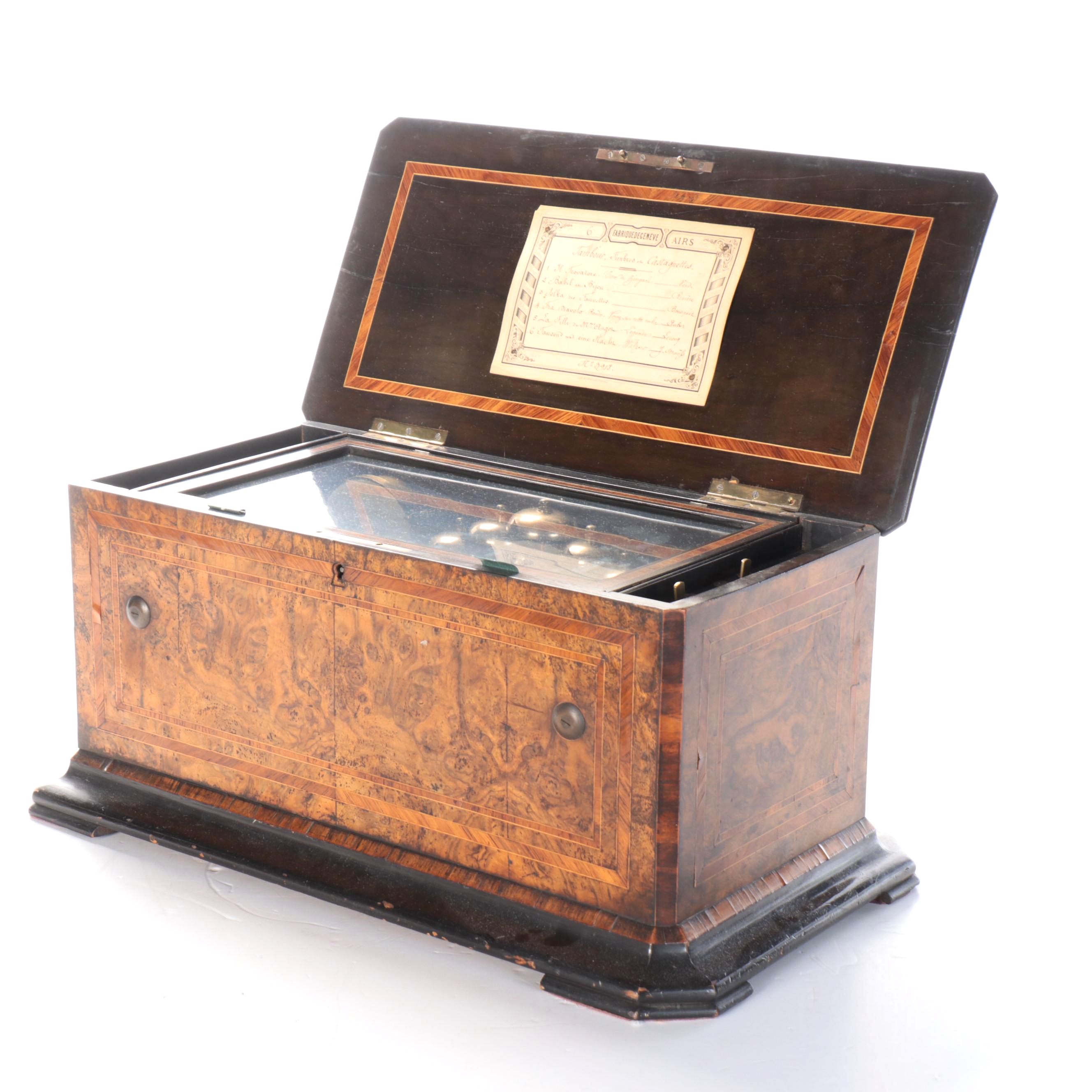 Victorian Burl Wood and Rosewood String Inlay Cylinder Music Box, 19th C.