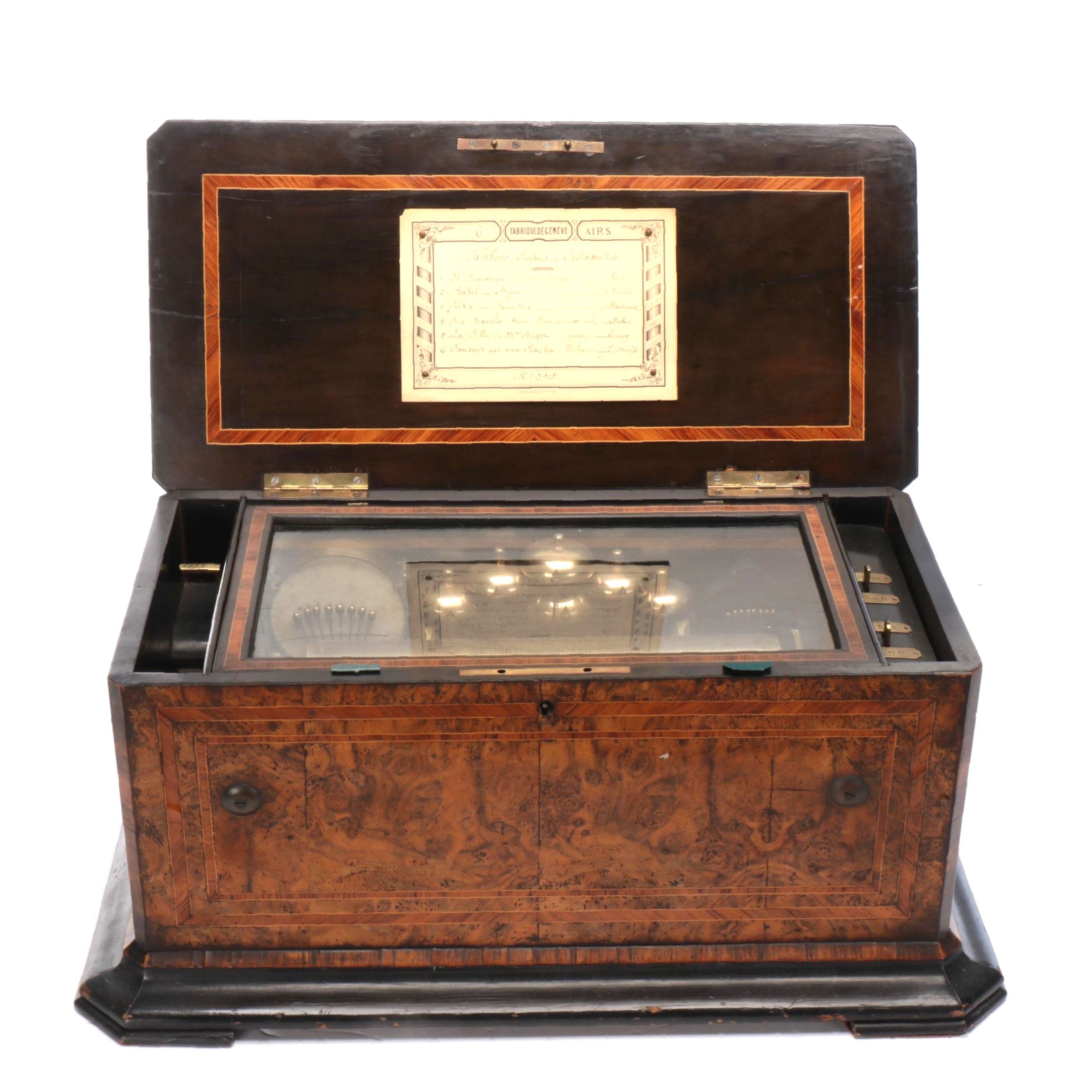 Victorian Burl Wood and Rosewood String Inlay Cylinder Music Box, 19th C.