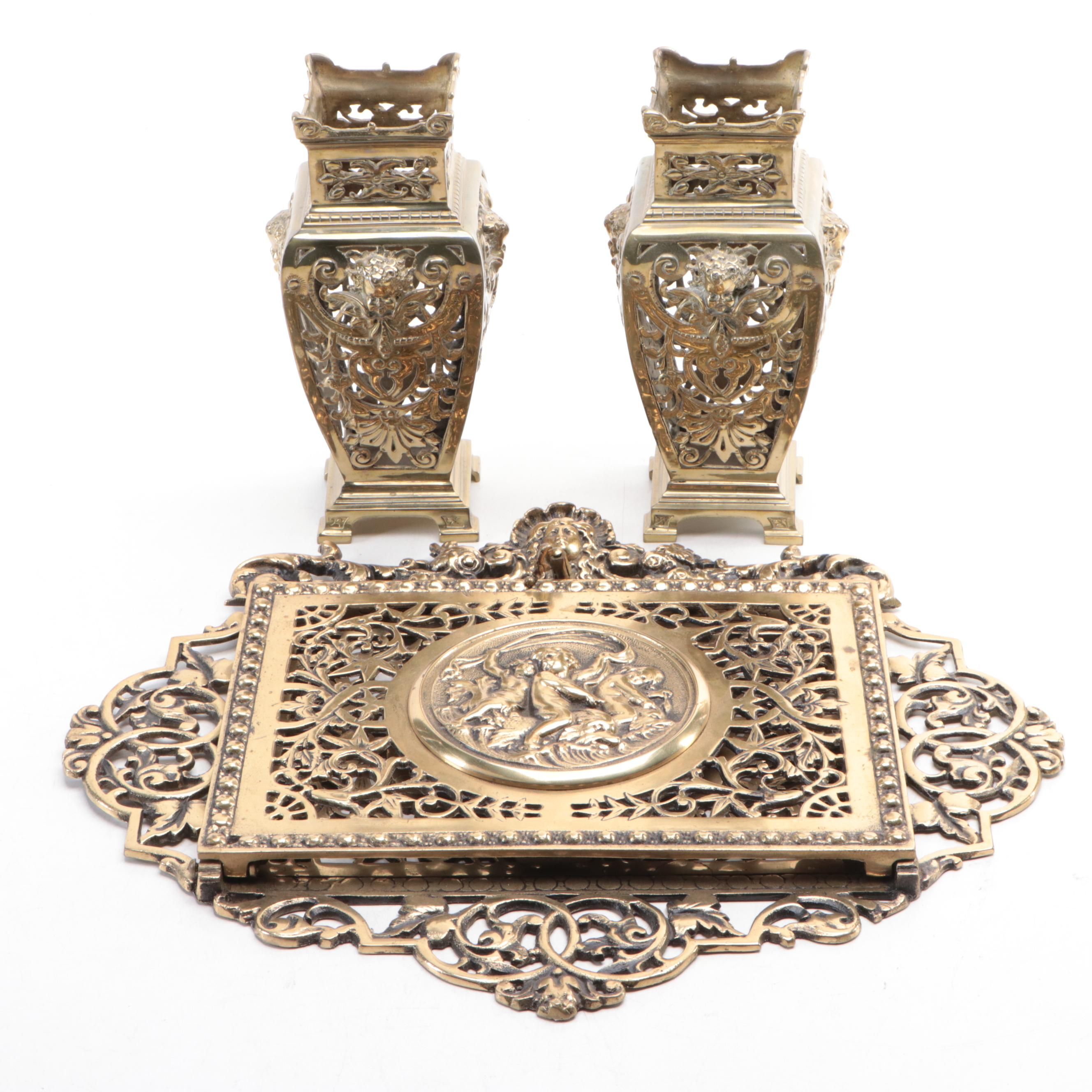 French Empire Style and Italian Openwork Brass Desk Accessories and Bell Pull