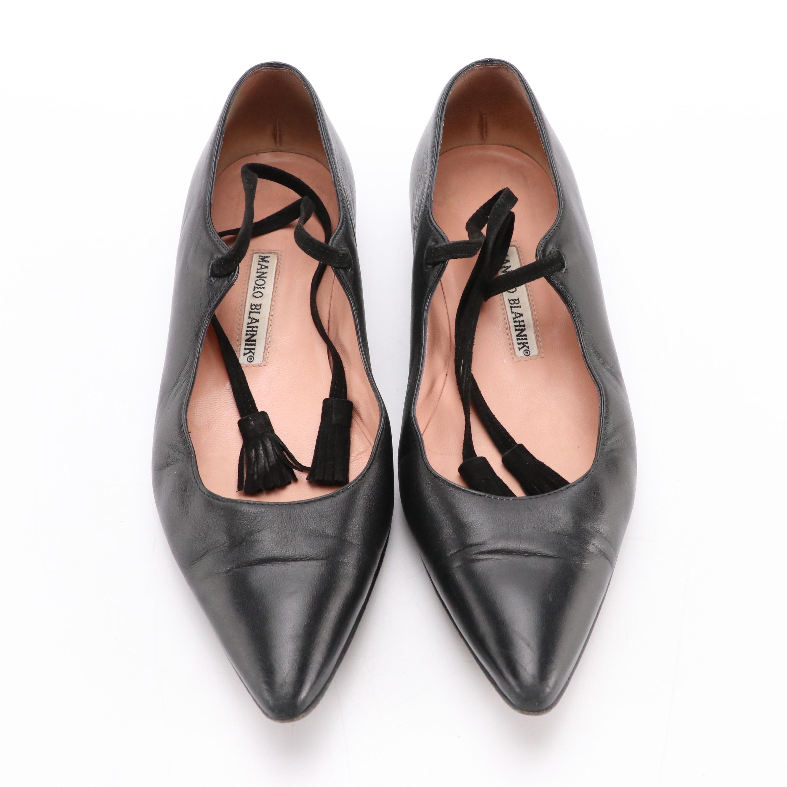 Manolo Blahnik Pointed Toe Flats in Black Leather