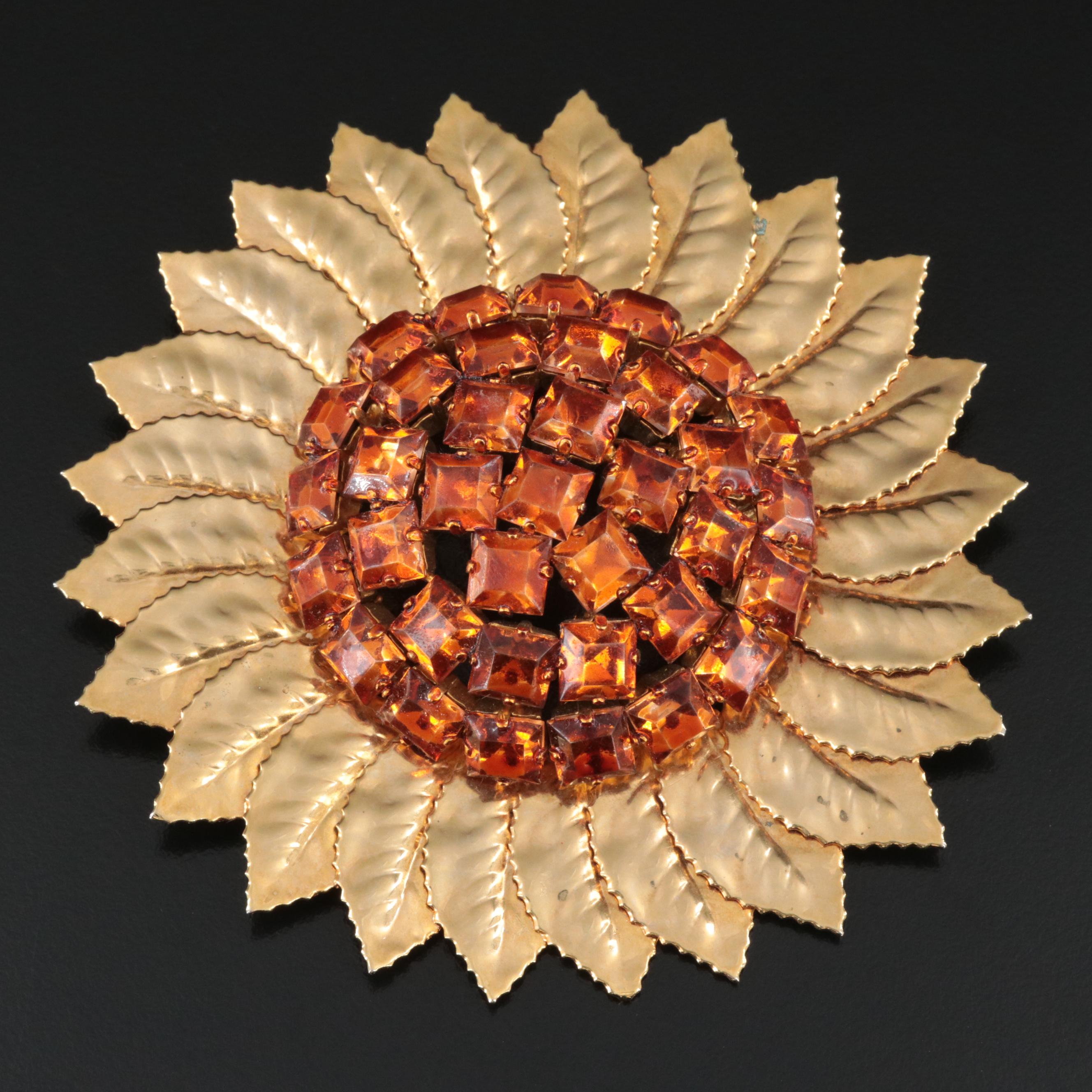 Vintage Rhinestone Oversized Sunflower Brooch
