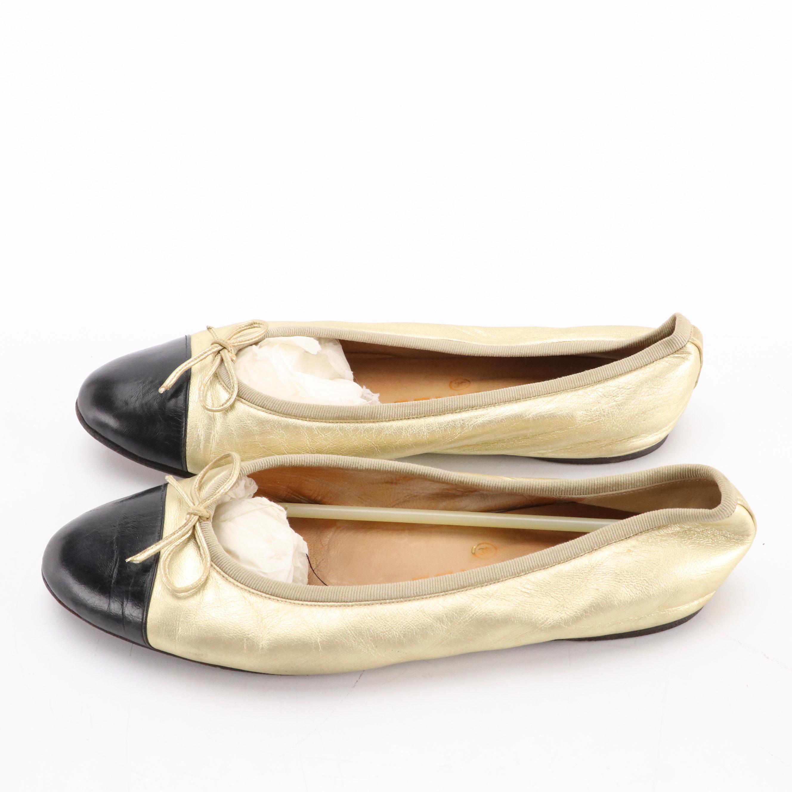Chanel Cap Toe Bow Ballet Flats in Black and Metallic Gold Leather
