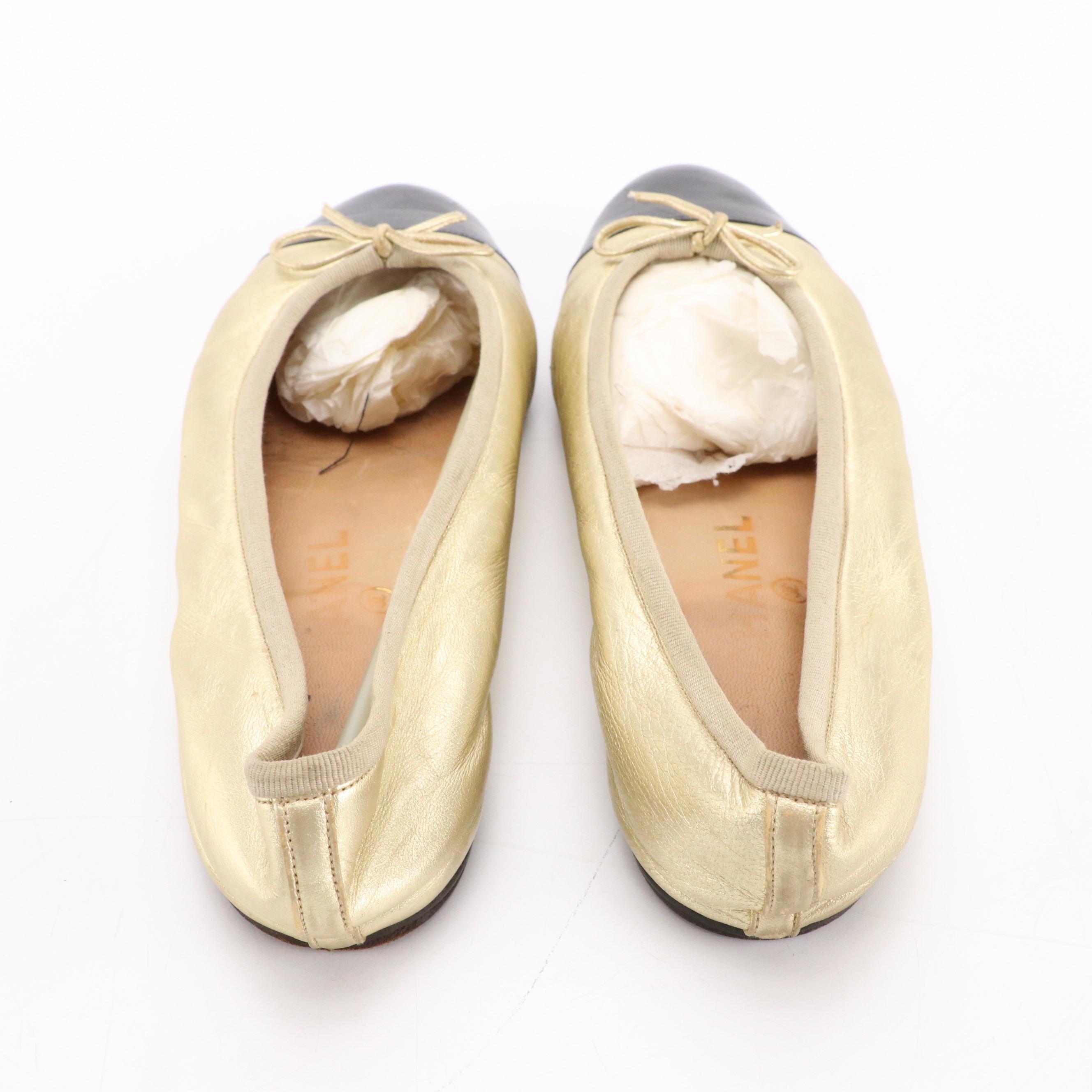 Chanel Cap Toe Bow Ballet Flats in Black and Metallic Gold Leather