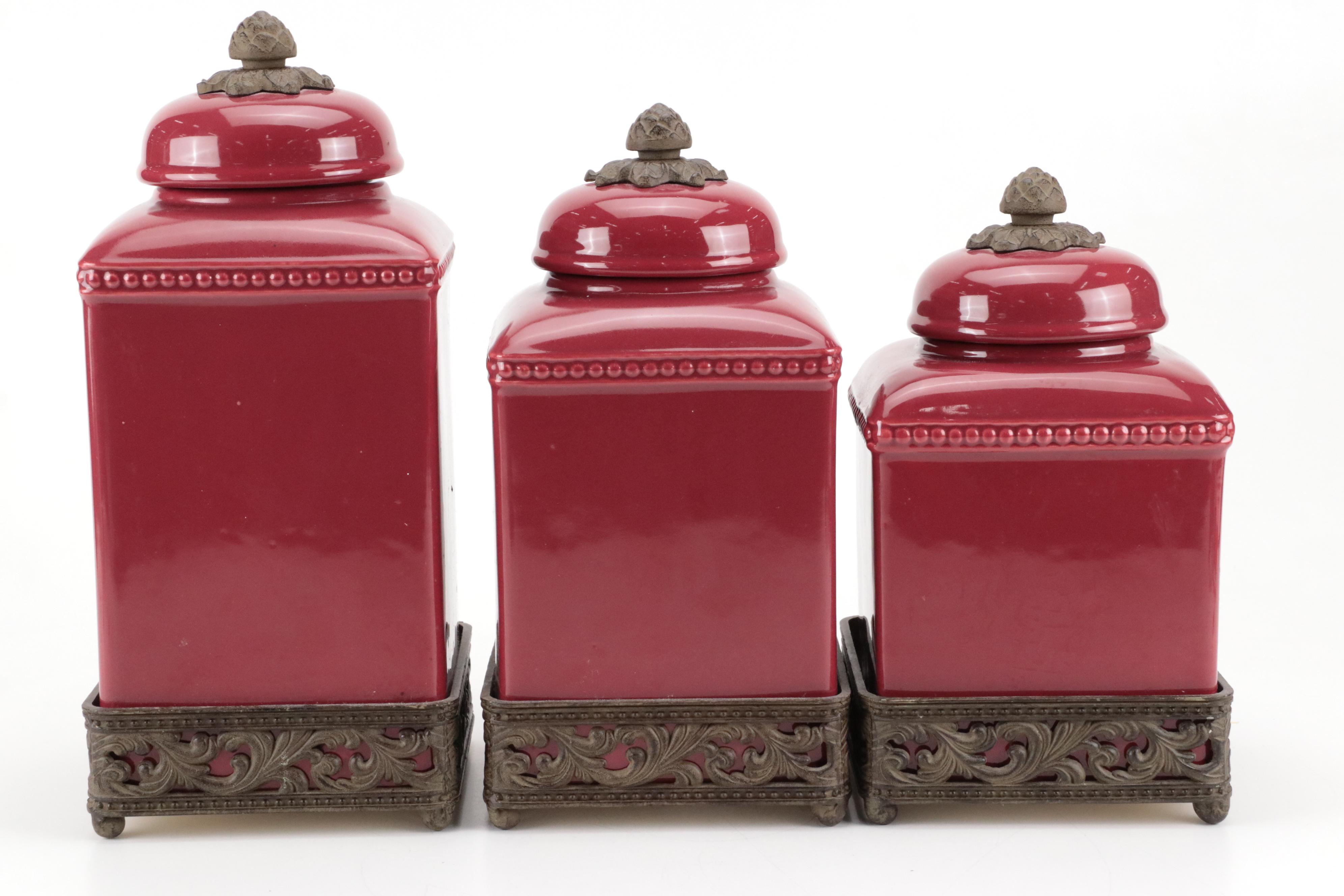 Gracious Goods Glazed Ceramic Canisters with Leaf Motif Metal Stands