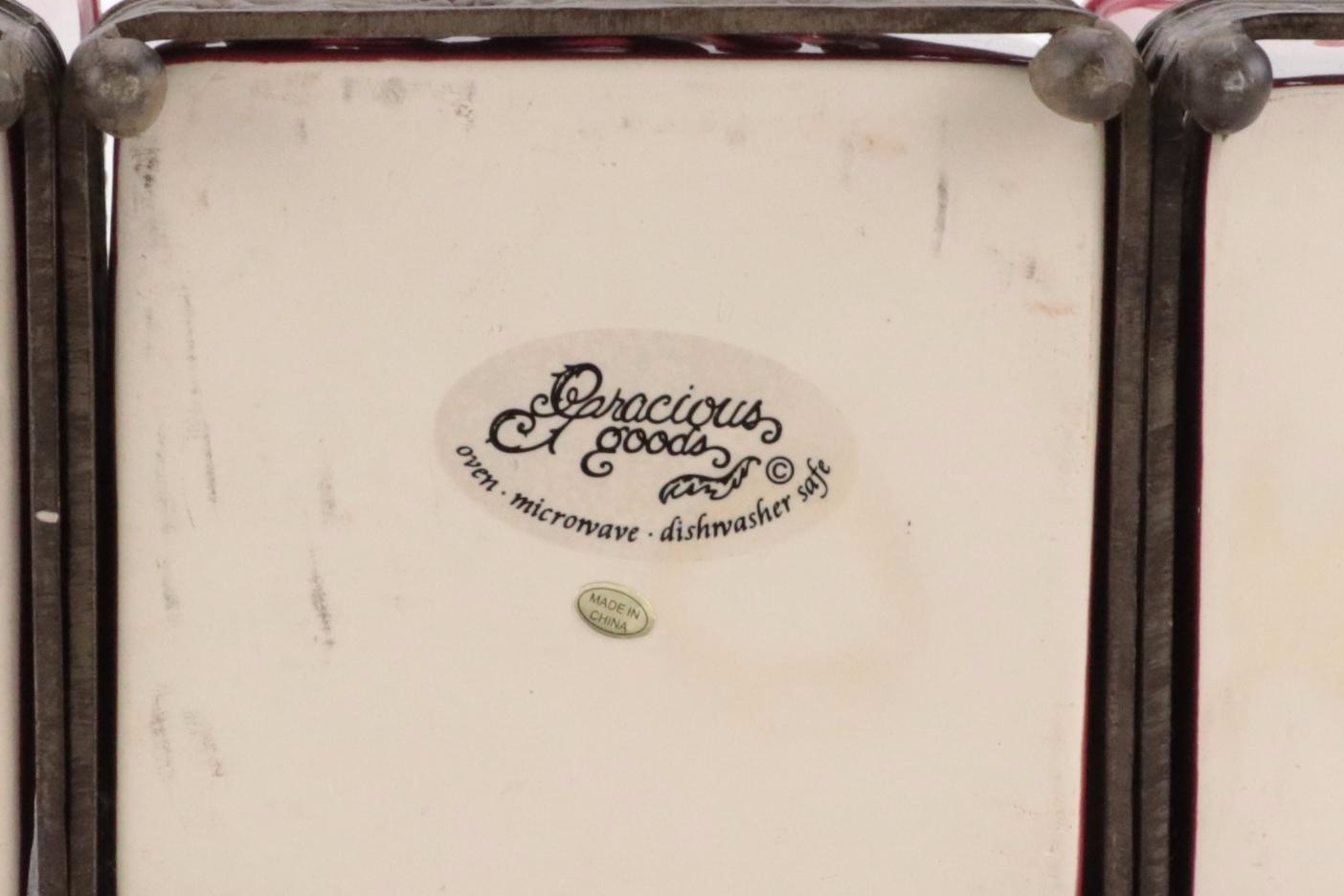 Gracious Goods Glazed Ceramic Canisters with Leaf Motif Metal Stands