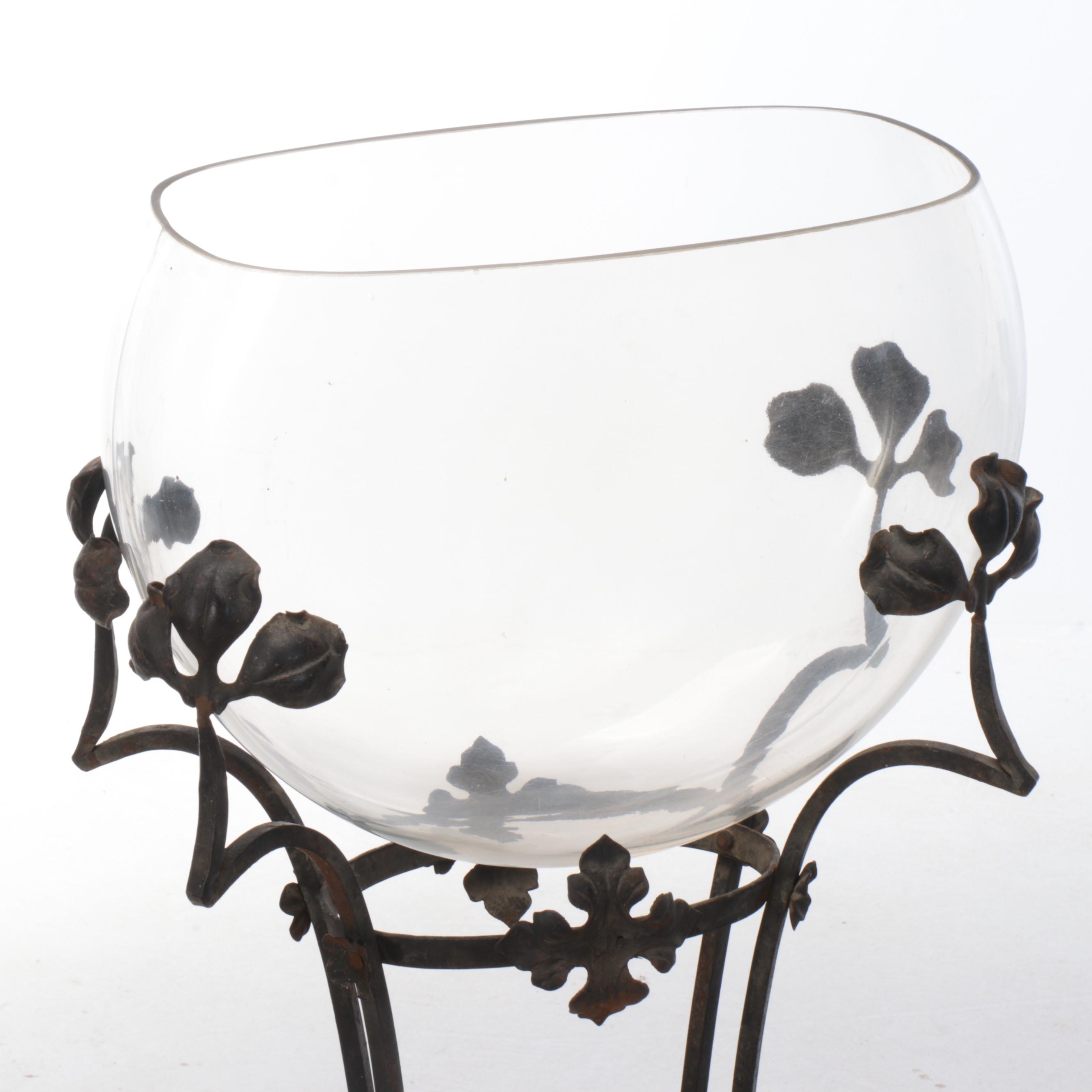 Victorian Wrought Iron Fishbowl Stand with Glass Bowl