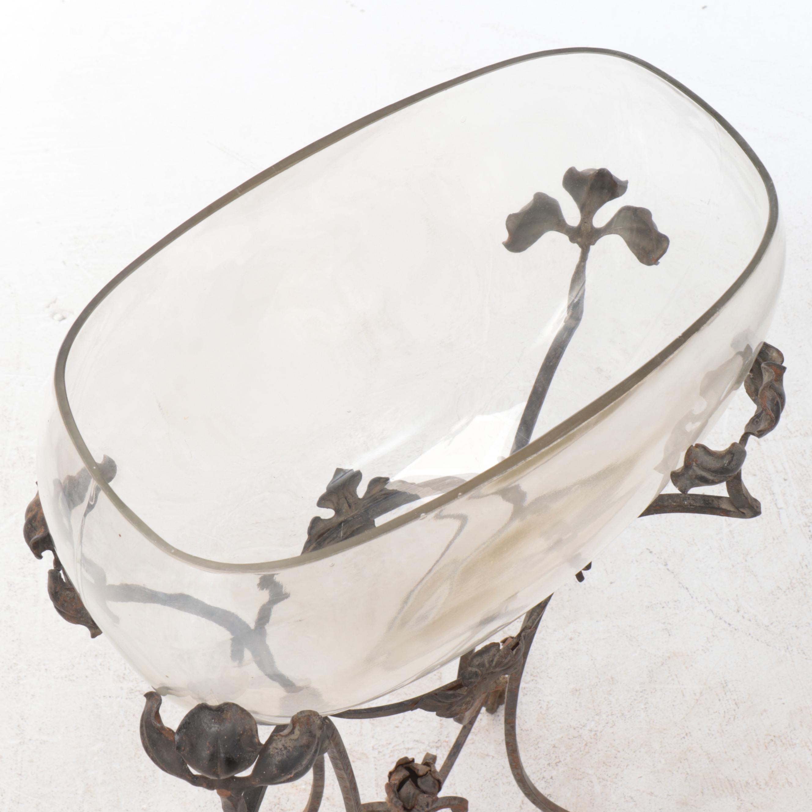 Victorian Wrought Iron Fishbowl Stand with Glass Bowl