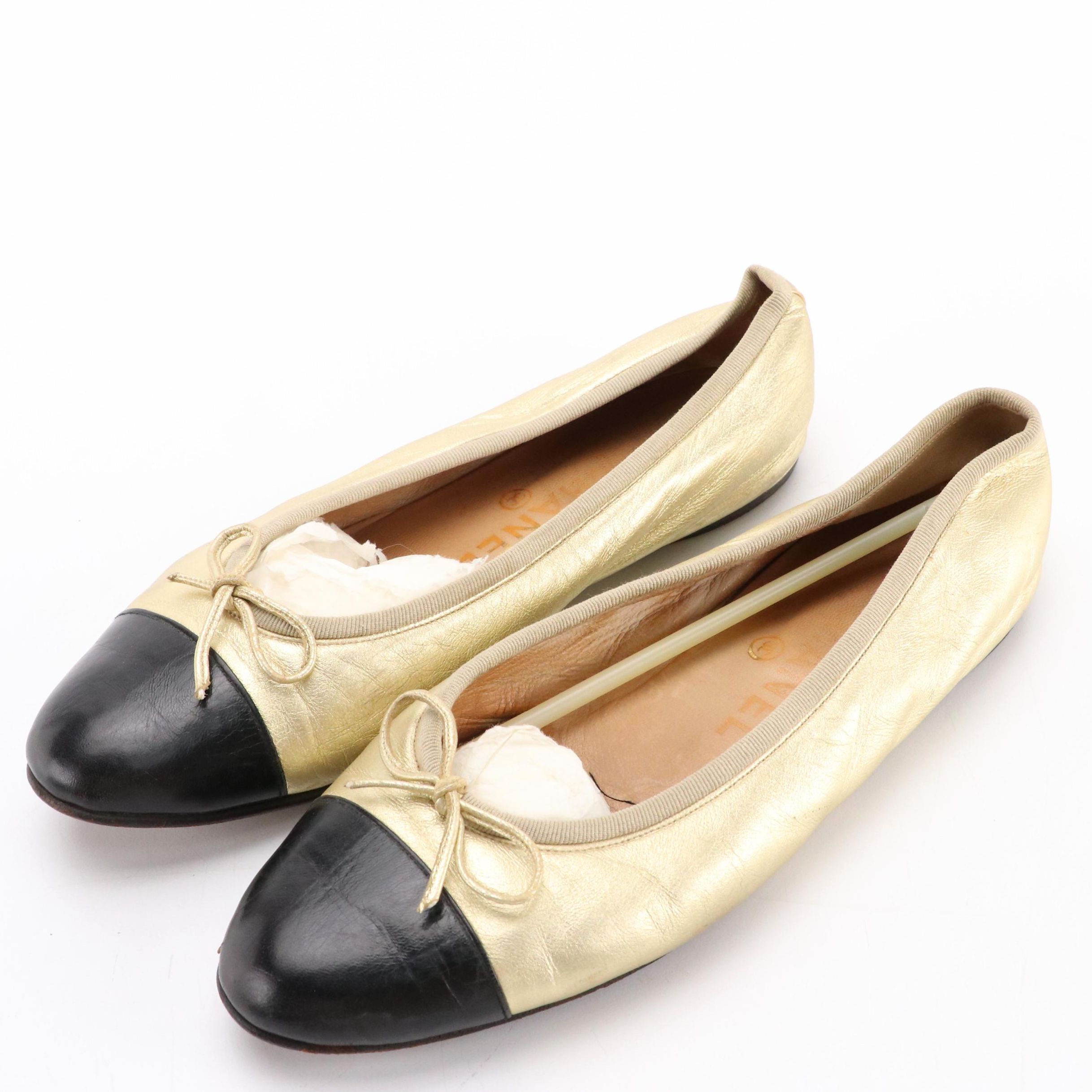 Chanel Cap Toe Bow Ballet Flats in Black and Metallic Gold Leather