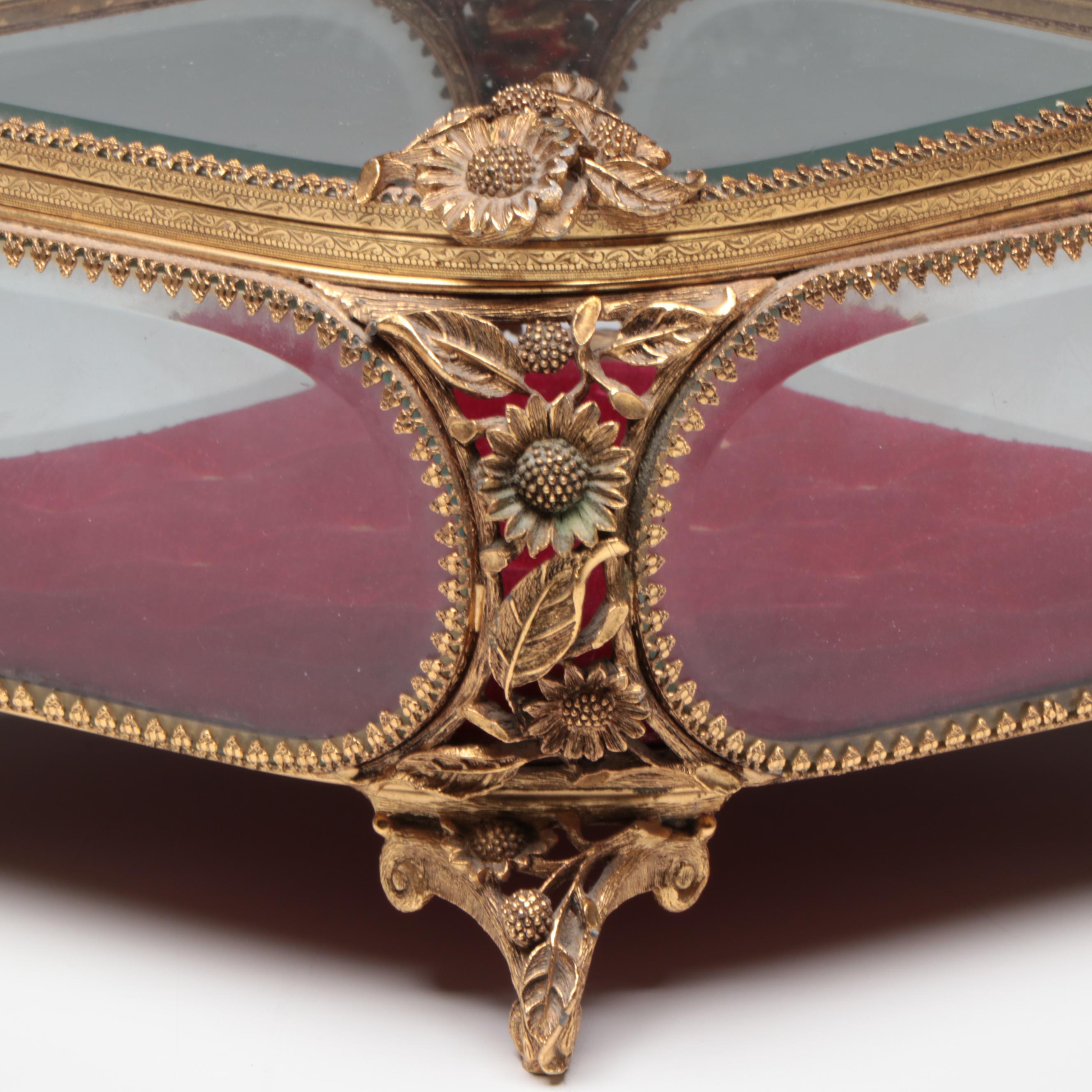 Floral Motif Brass Finish Ormolu Mount Glass Jewelry Casket