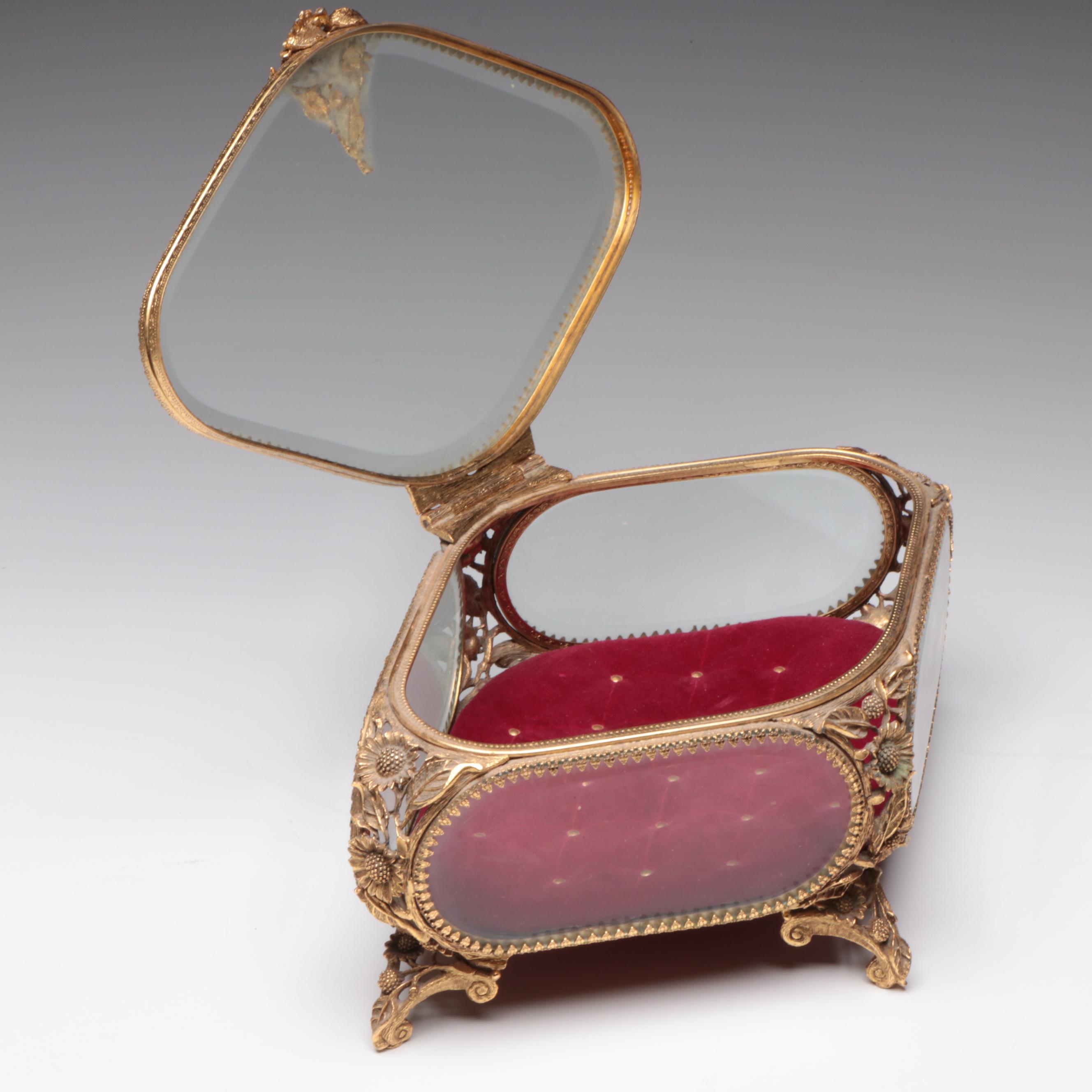 Floral Motif Brass Finish Ormolu Mount Glass Jewelry Casket