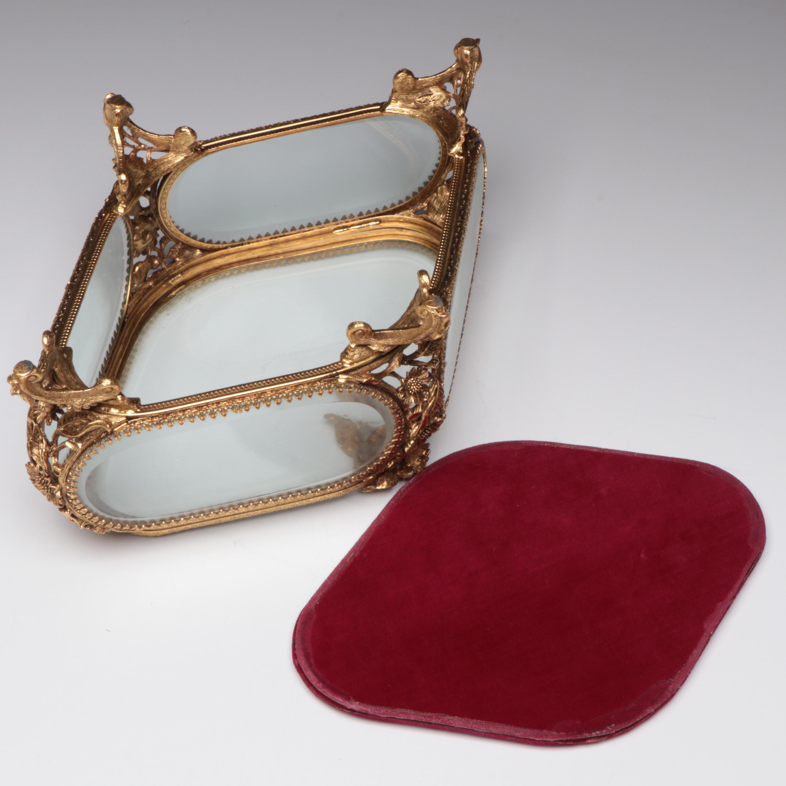 Floral Motif Brass Finish Ormolu Mount Glass Jewelry Casket