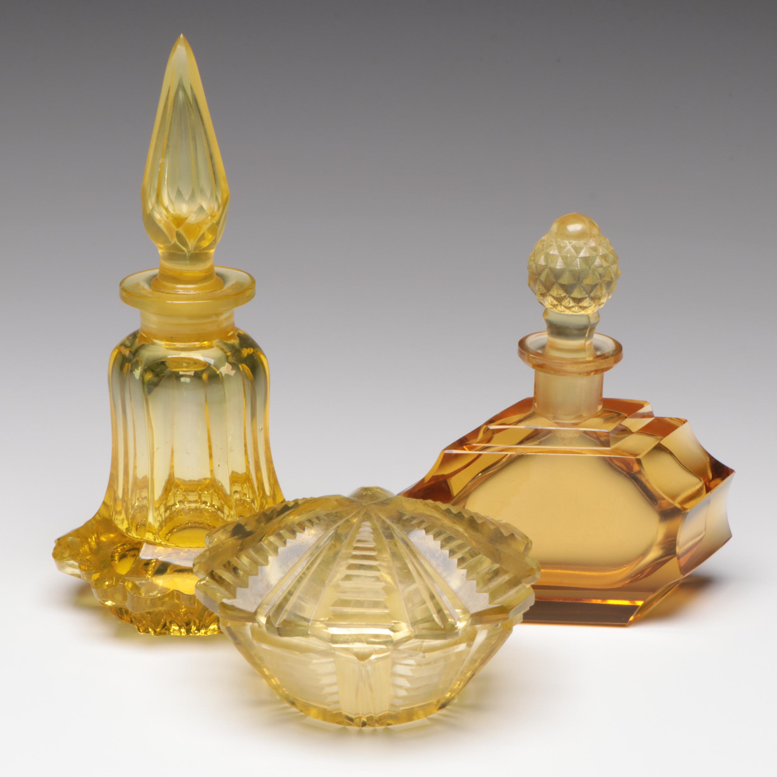Vaseline and Amber Cut Glass Perfume Bottles with Lidded Dish