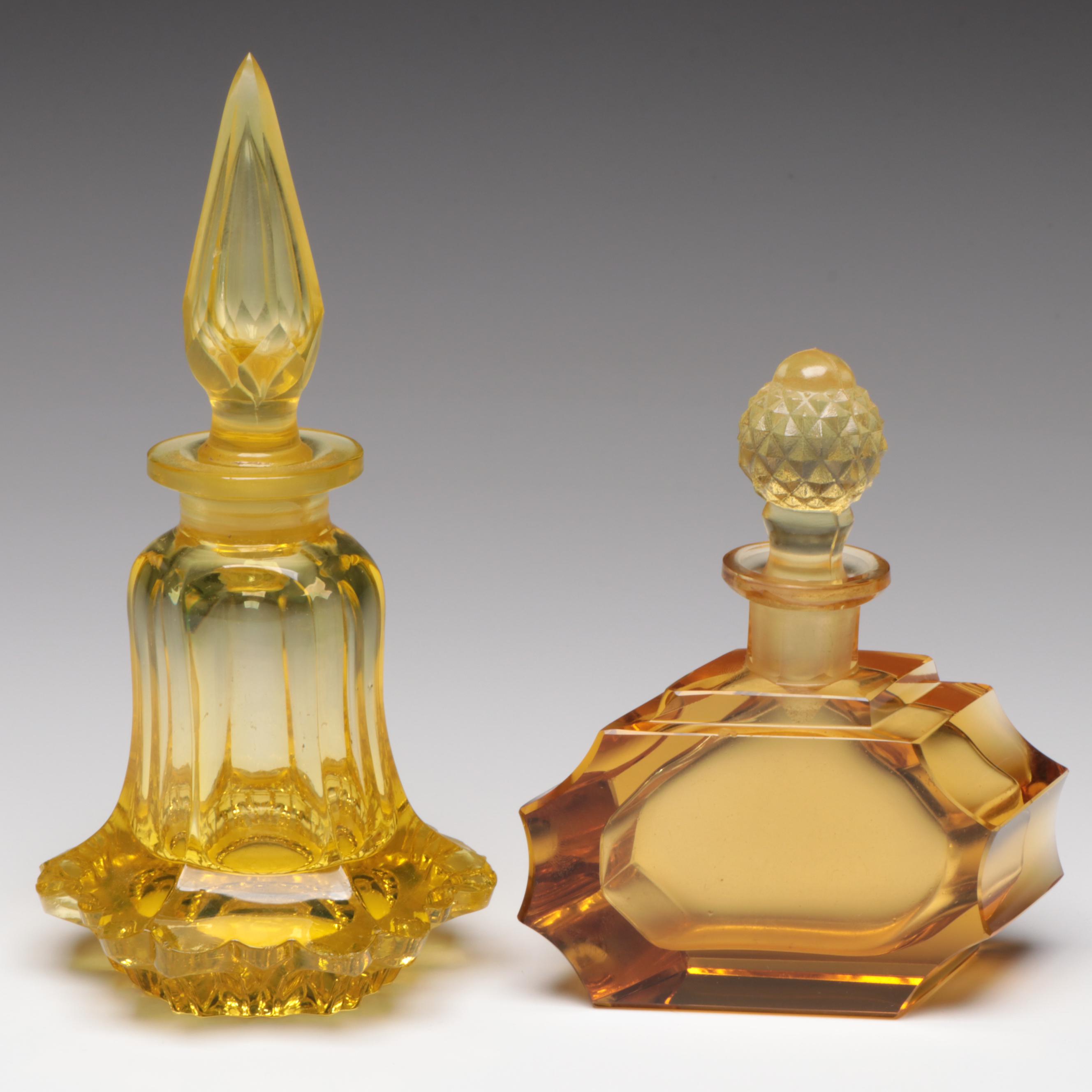 Vaseline and Amber Cut Glass Perfume Bottles with Lidded Dish