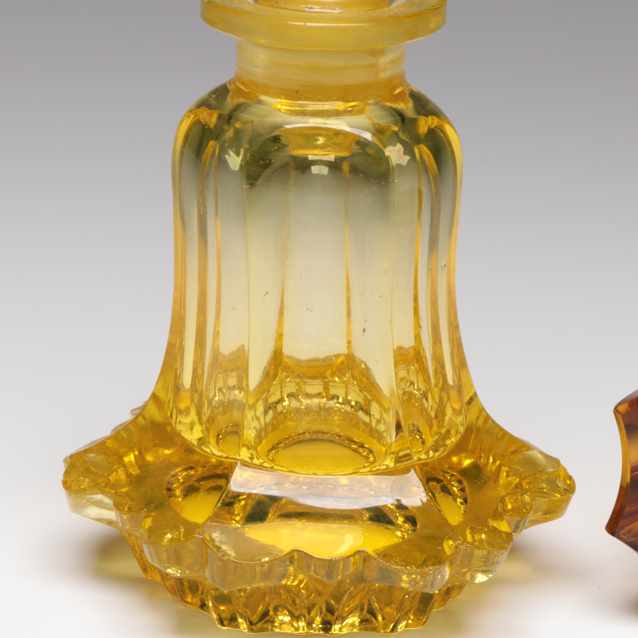 Vaseline and Amber Cut Glass Perfume Bottles with Lidded Dish