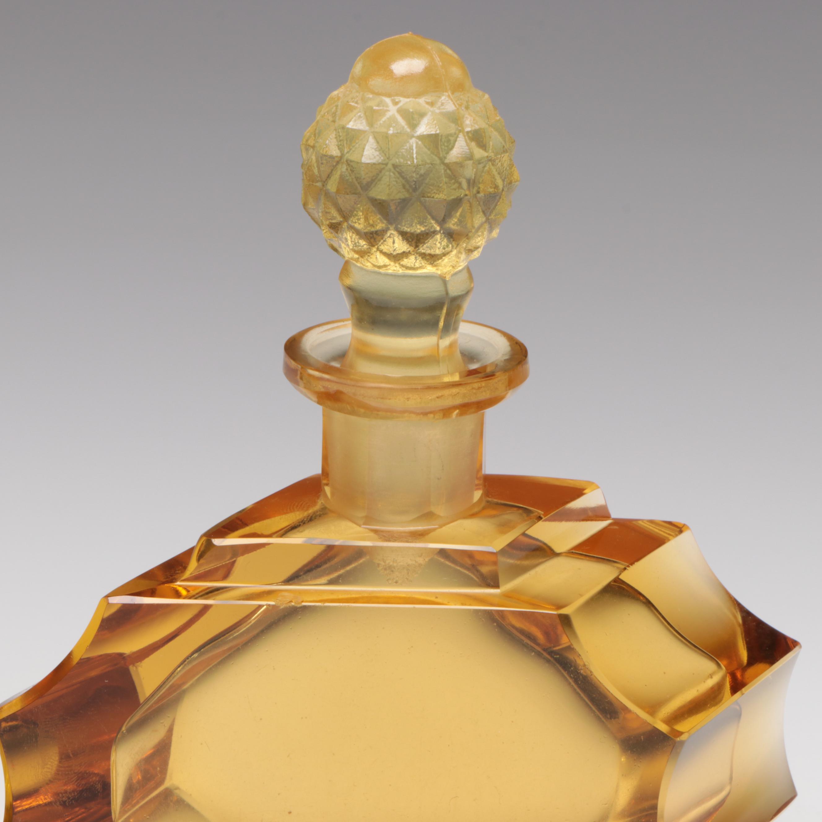 Vaseline and Amber Cut Glass Perfume Bottles with Lidded Dish