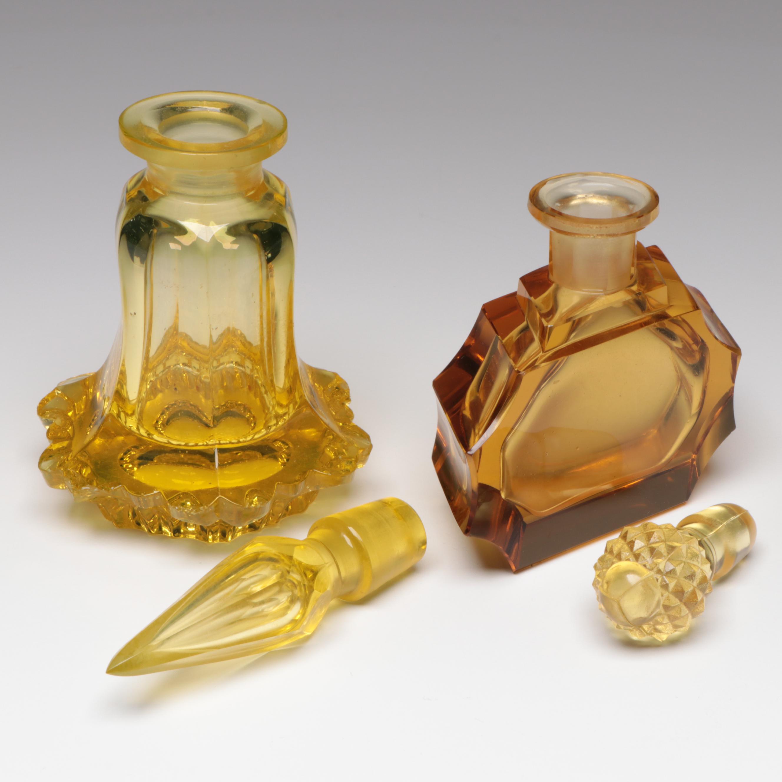 Vaseline and Amber Cut Glass Perfume Bottles with Lidded Dish