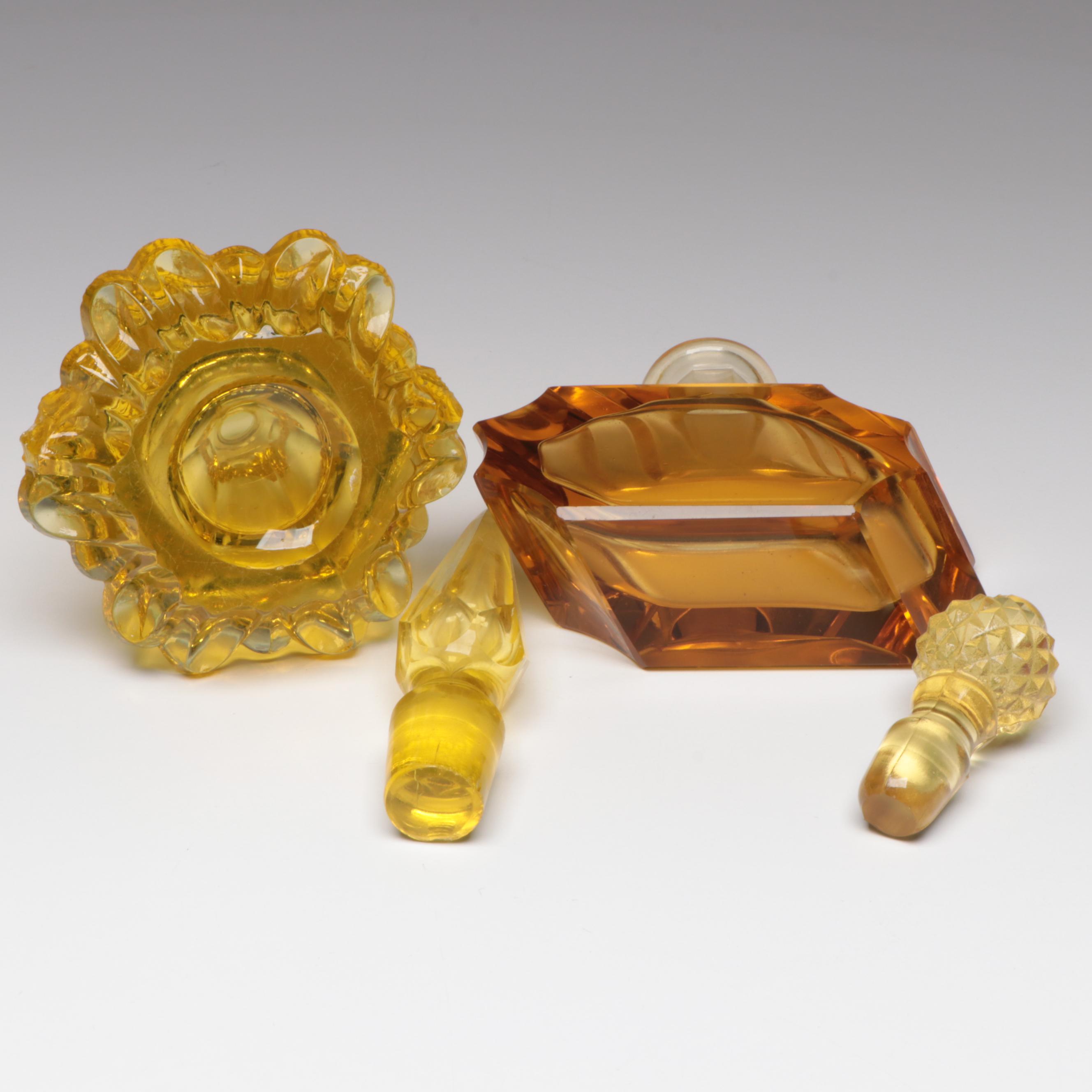 Vaseline and Amber Cut Glass Perfume Bottles with Lidded Dish
