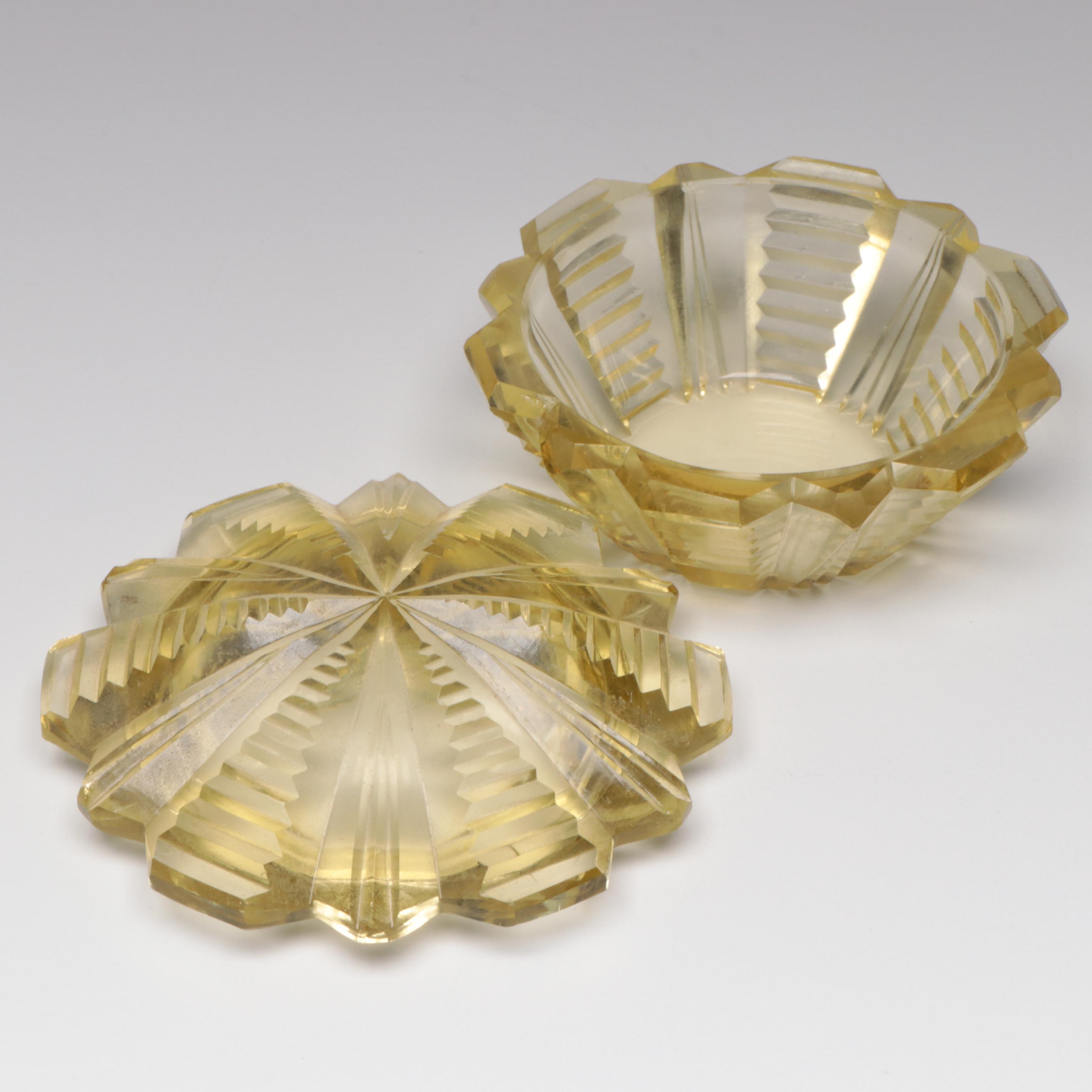 Vaseline and Amber Cut Glass Perfume Bottles with Lidded Dish