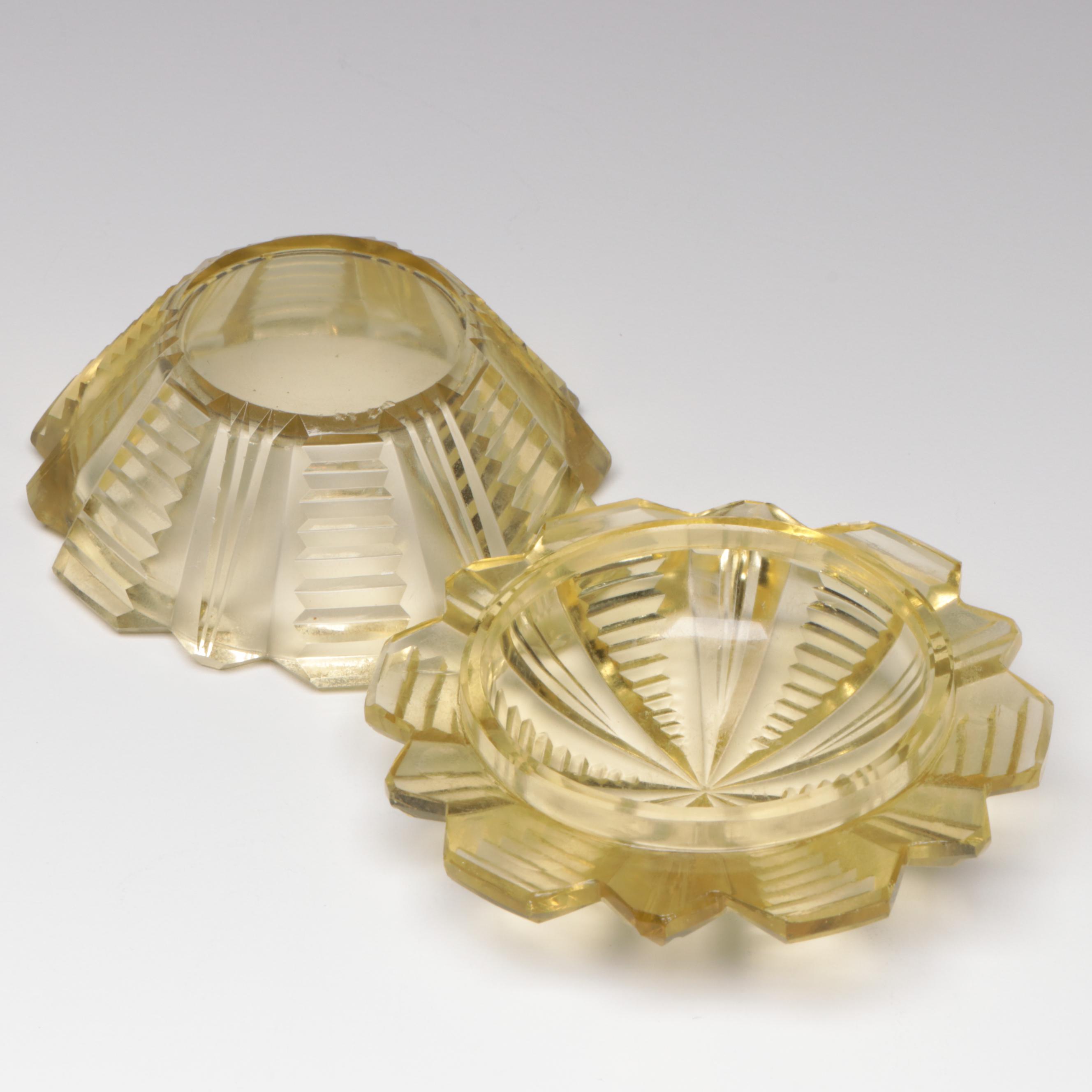 Vaseline and Amber Cut Glass Perfume Bottles with Lidded Dish