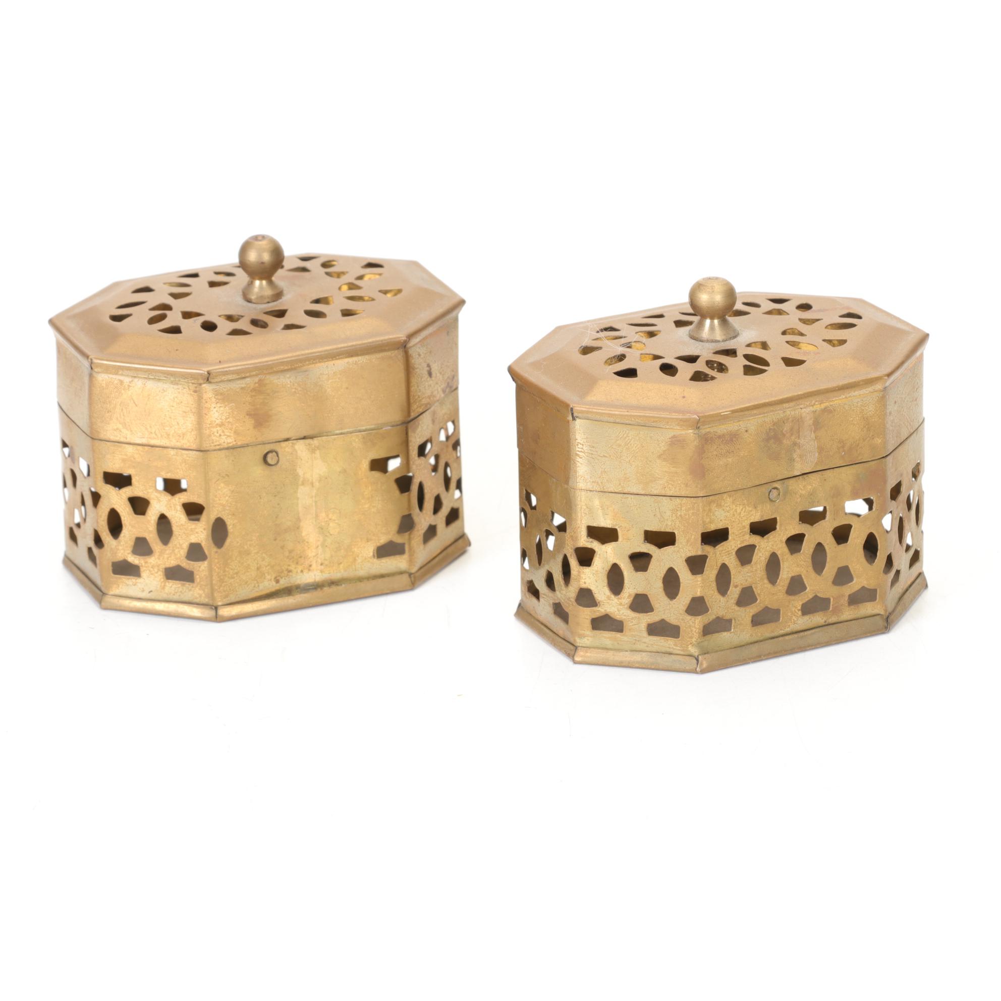 Korean Lacquerware Tray with a Jewelry Box and Two Brass Pierced Boxes