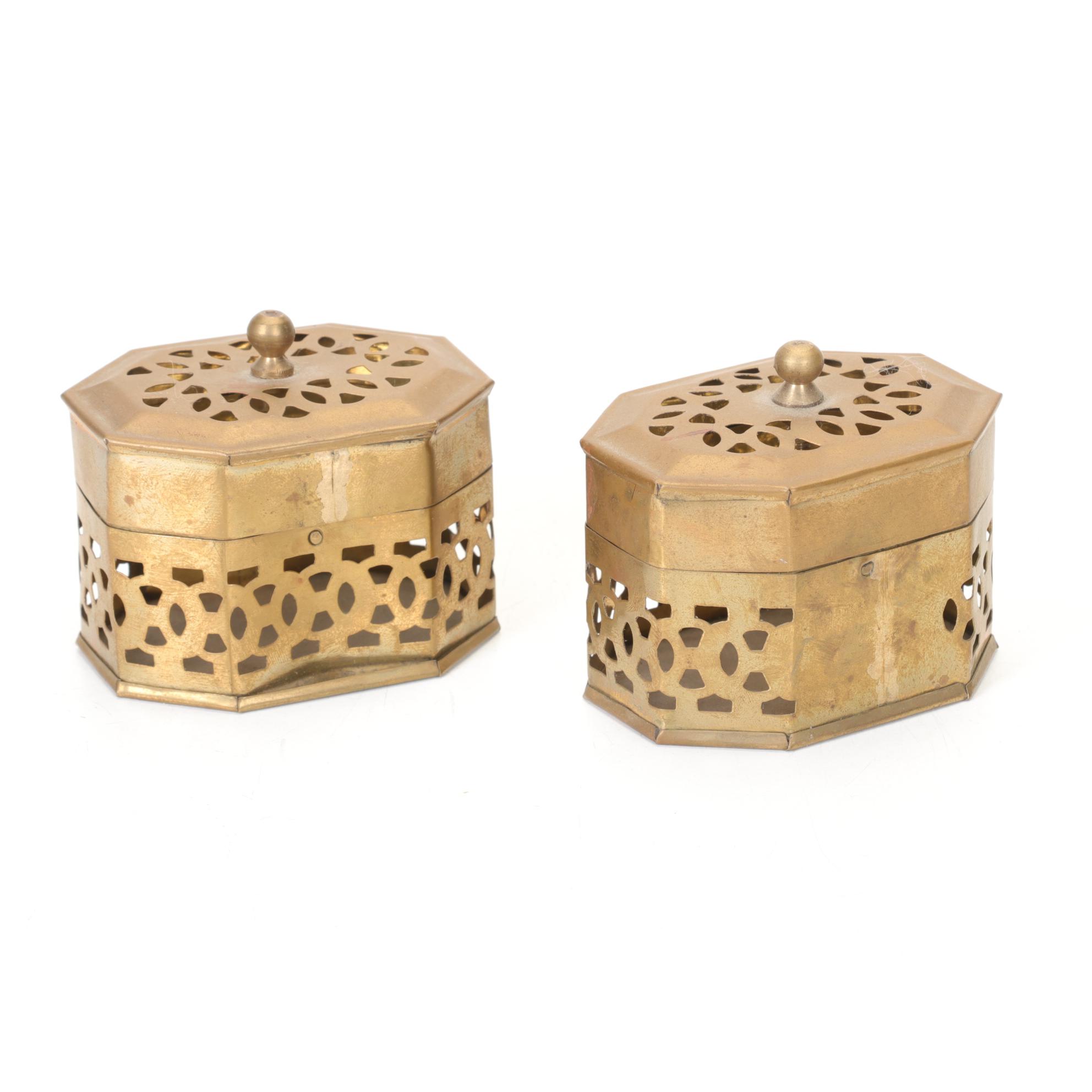 Korean Lacquerware Tray with a Jewelry Box and Two Brass Pierced Boxes