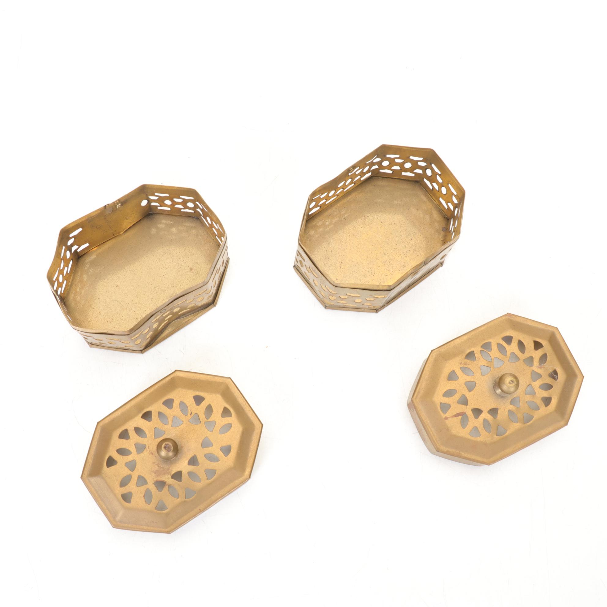 Korean Lacquerware Tray with a Jewelry Box and Two Brass Pierced Boxes