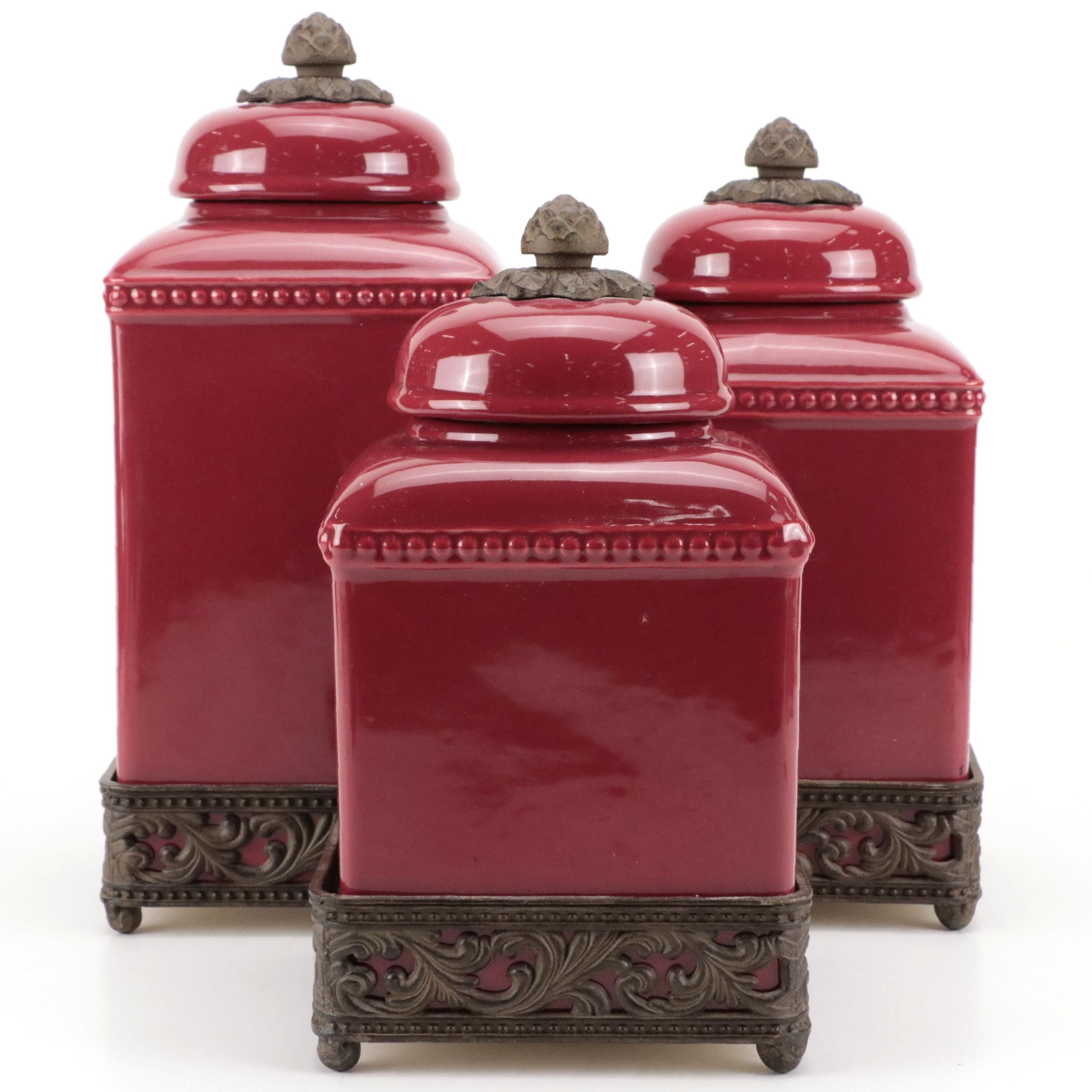 Gracious Goods Glazed Ceramic Canisters with Leaf Motif Metal Stands
