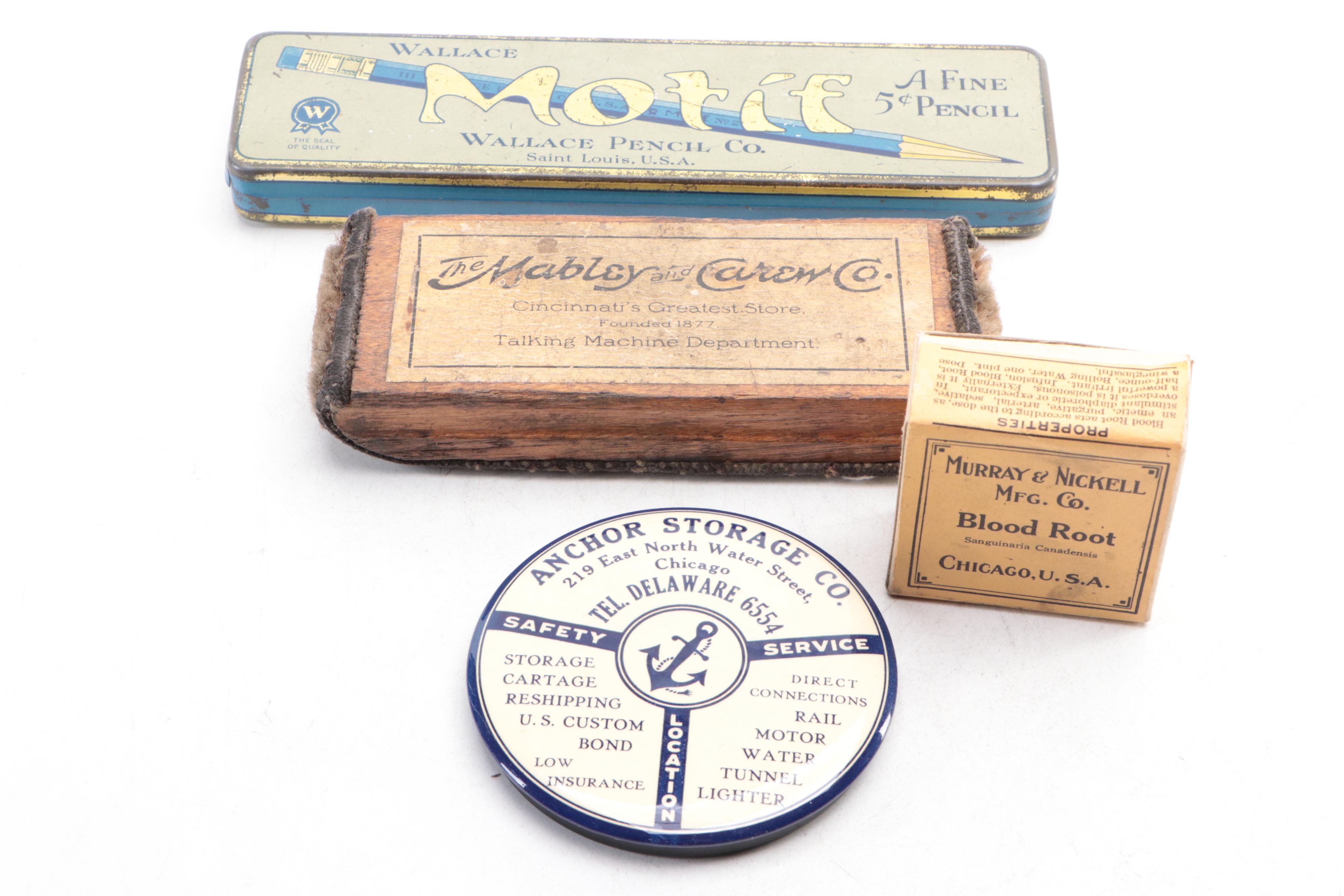 Whiting's Brushes Advertising Sign with Pocket Mirror, Pencil Box and More