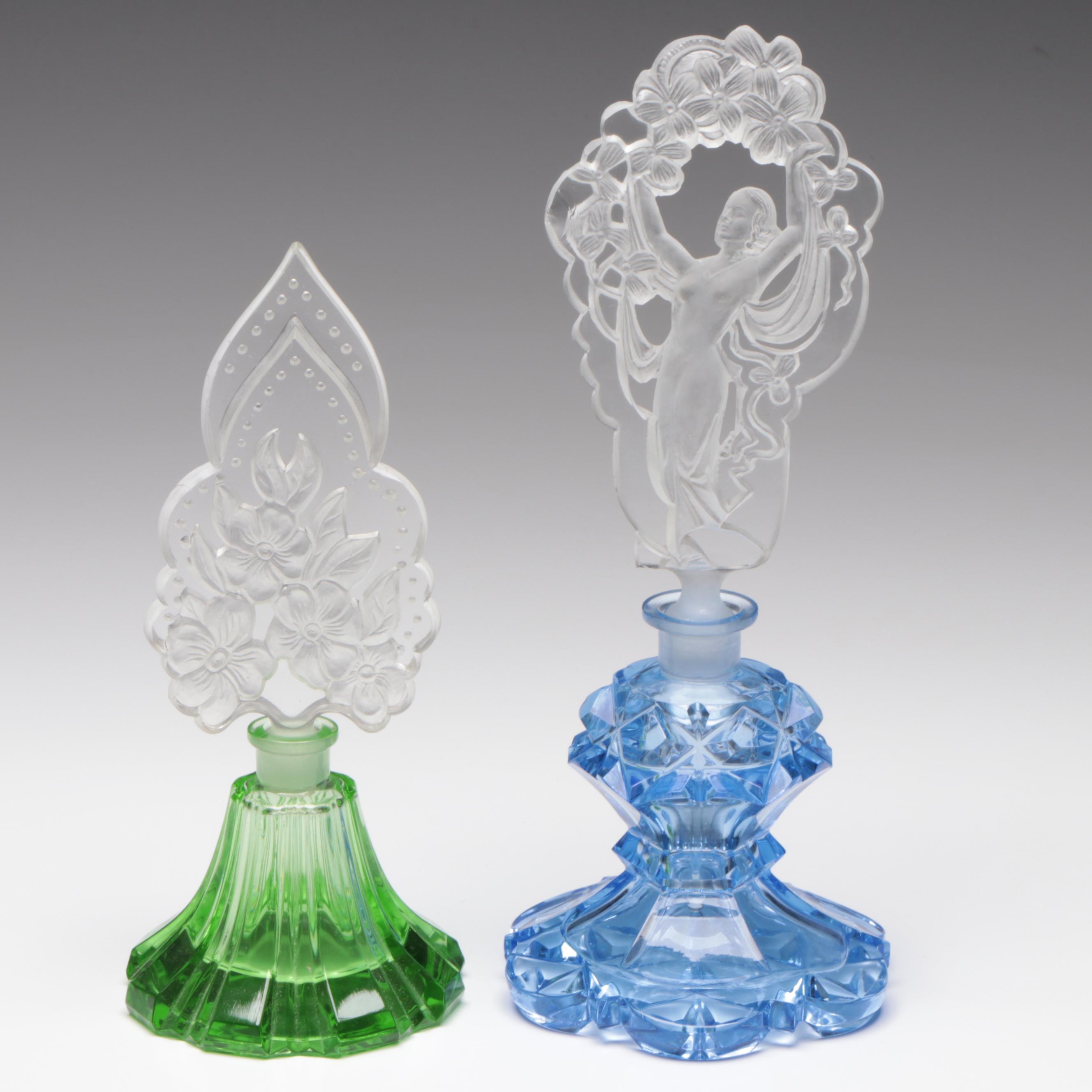 Vaseline and Blue Cut Glass Perfume Bottles with Intaglio & Ornate Stoppers