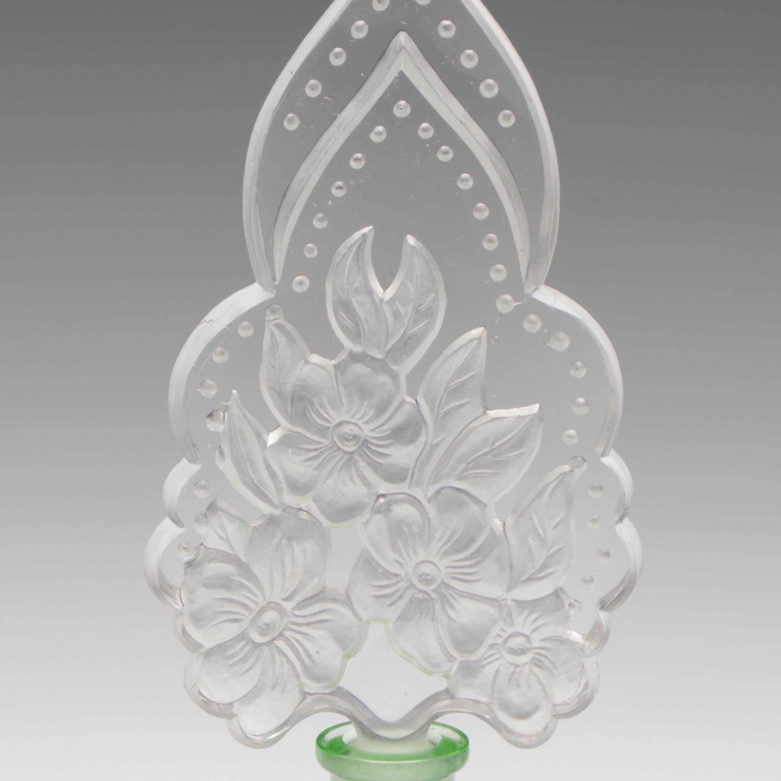 Vaseline and Blue Cut Glass Perfume Bottles with Intaglio & Ornate Stoppers