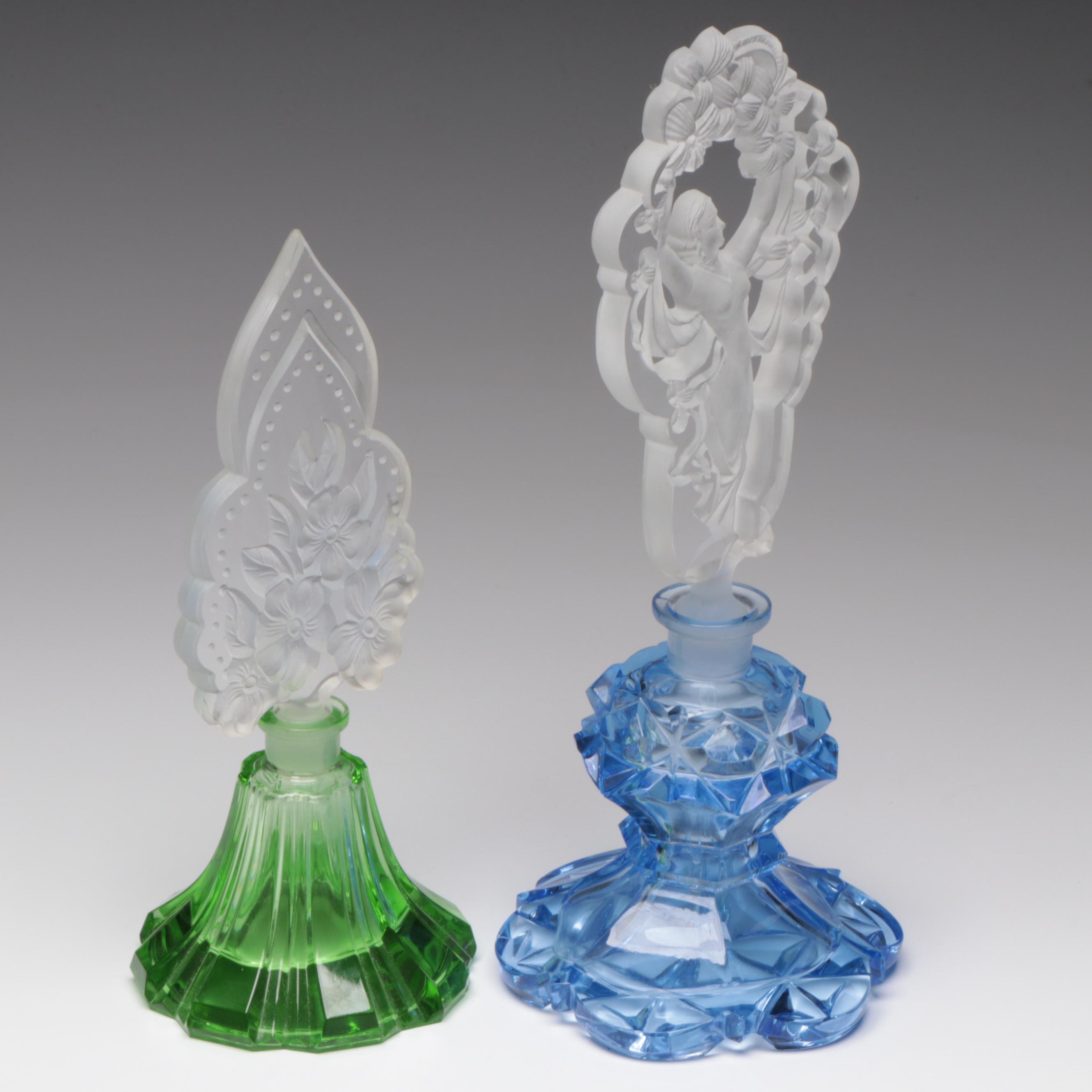 Vaseline and Blue Cut Glass Perfume Bottles with Intaglio & Ornate Stoppers