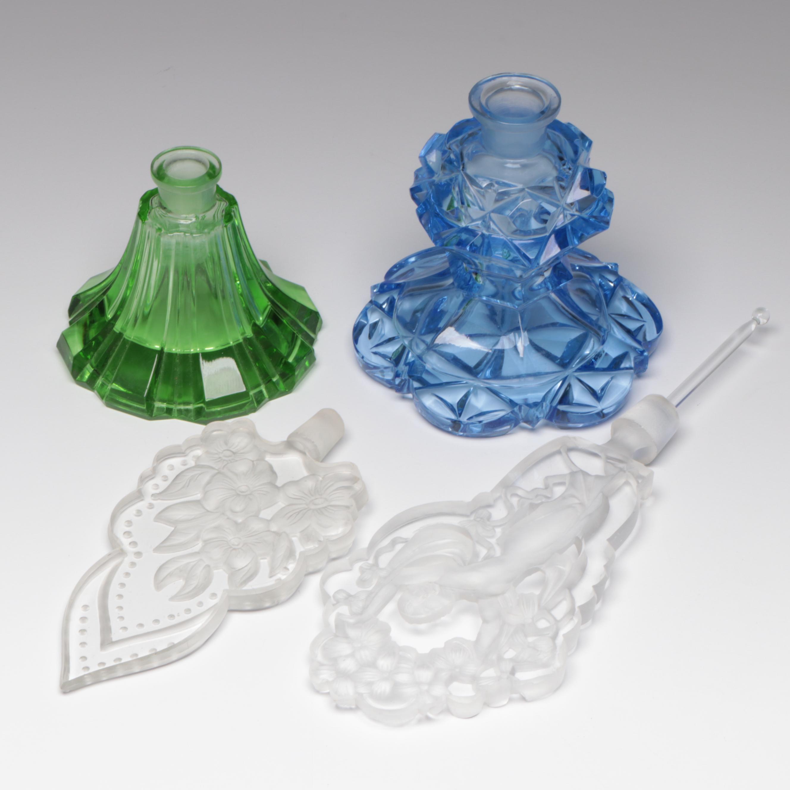 Vaseline and Blue Cut Glass Perfume Bottles with Intaglio & Ornate Stoppers