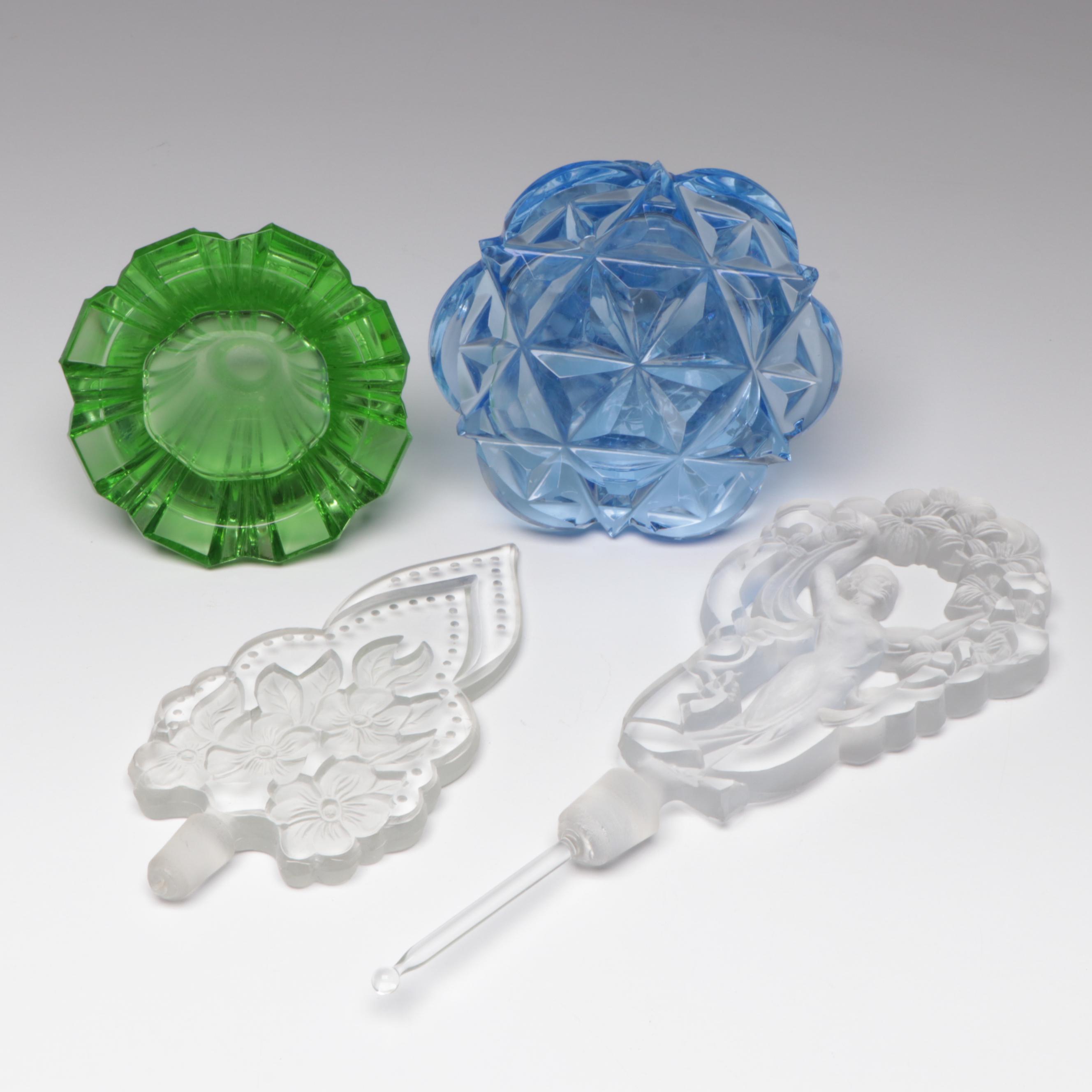 Vaseline and Blue Cut Glass Perfume Bottles with Intaglio & Ornate Stoppers