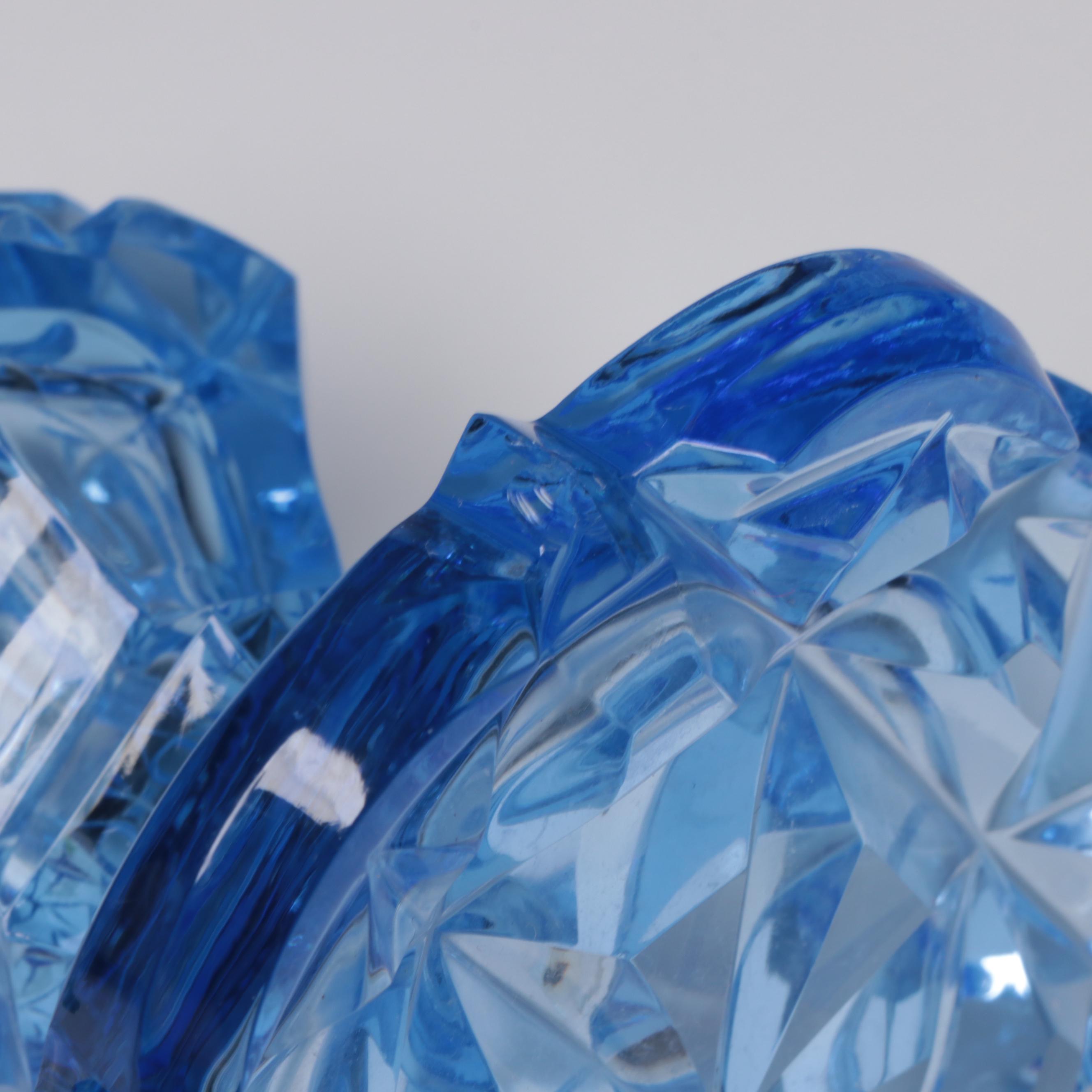 Vaseline and Blue Cut Glass Perfume Bottles with Intaglio & Ornate Stoppers