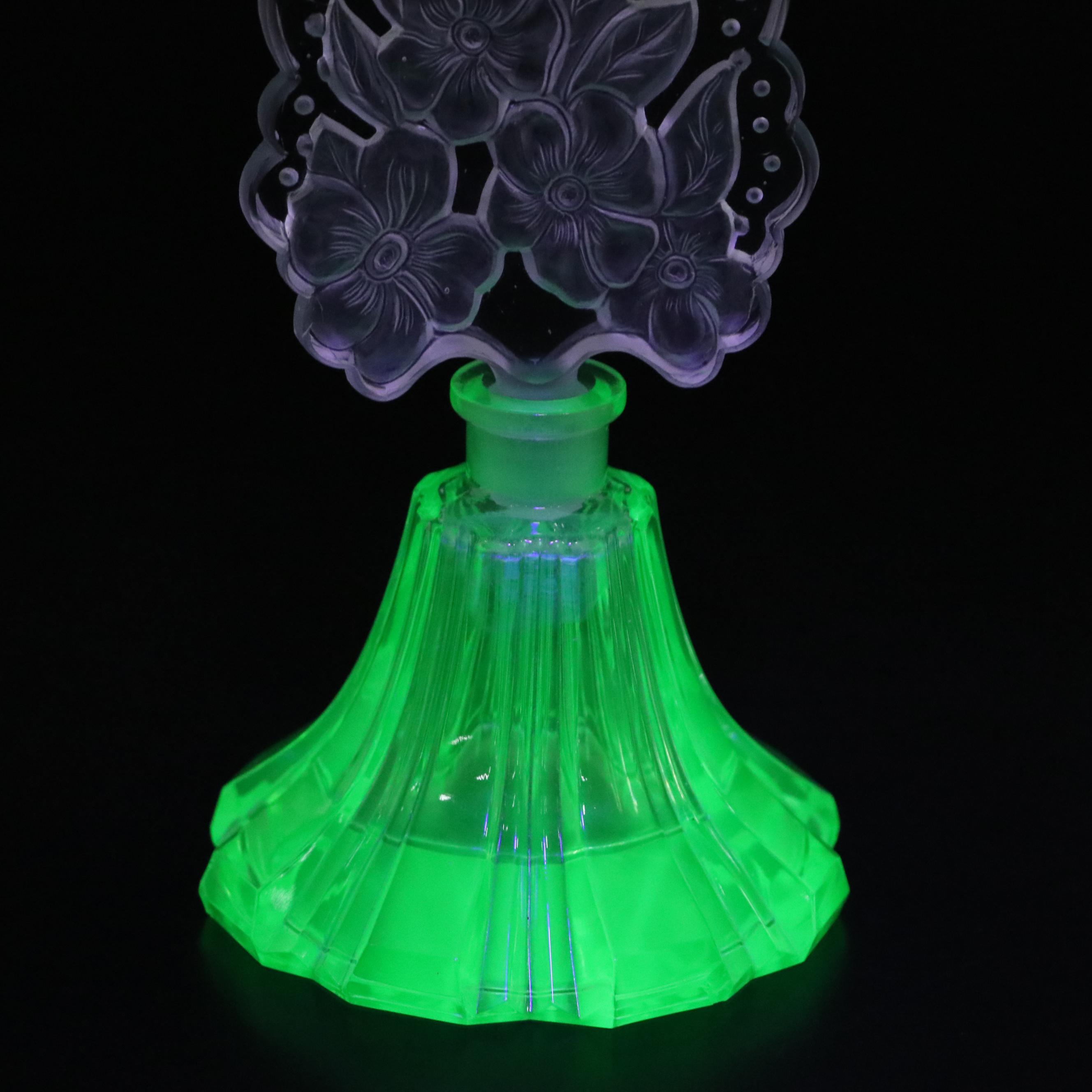 Vaseline and Blue Cut Glass Perfume Bottles with Intaglio & Ornate Stoppers