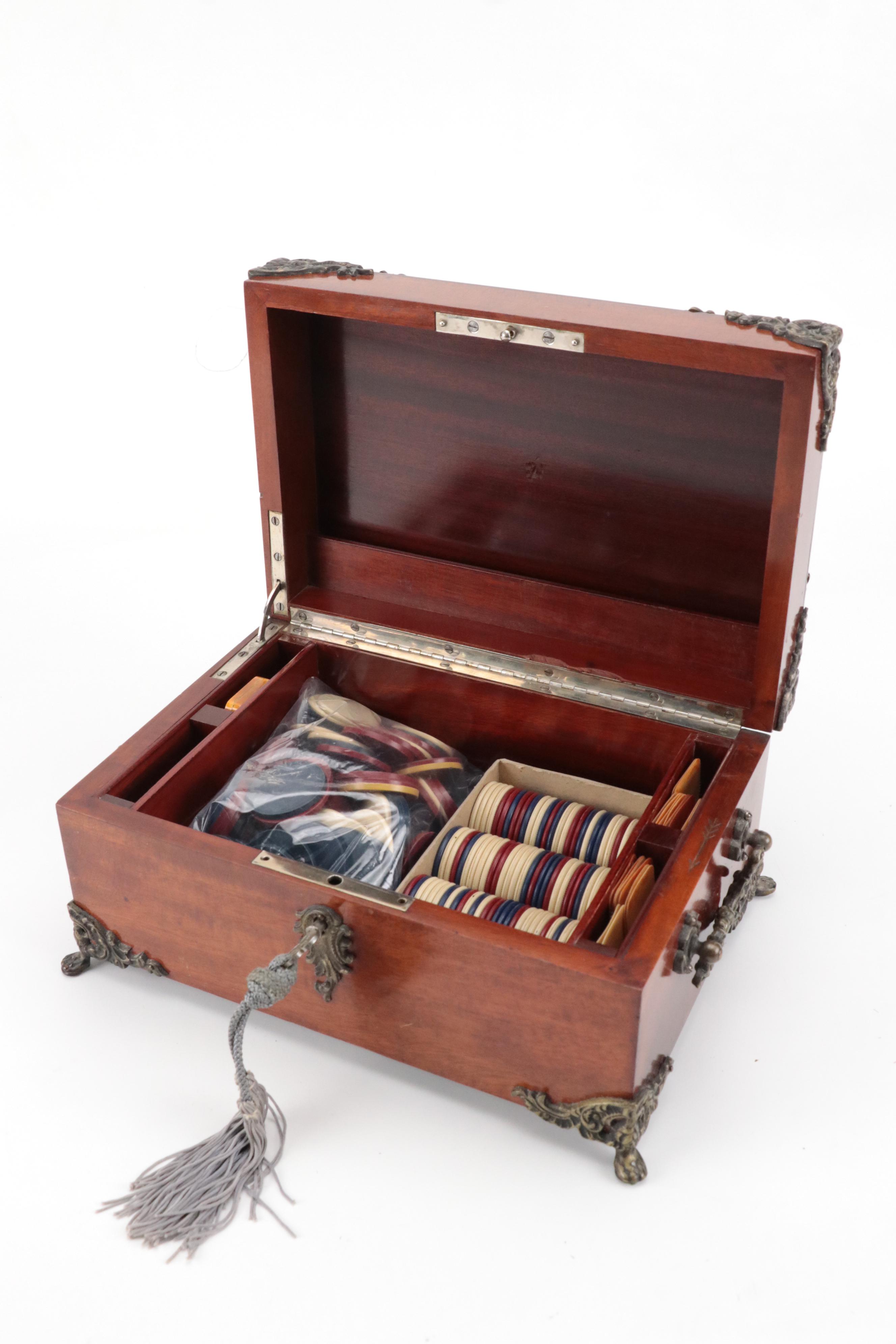 Victorian Metal Mount Mahogany Chest With Poker Chips and Score Keepers