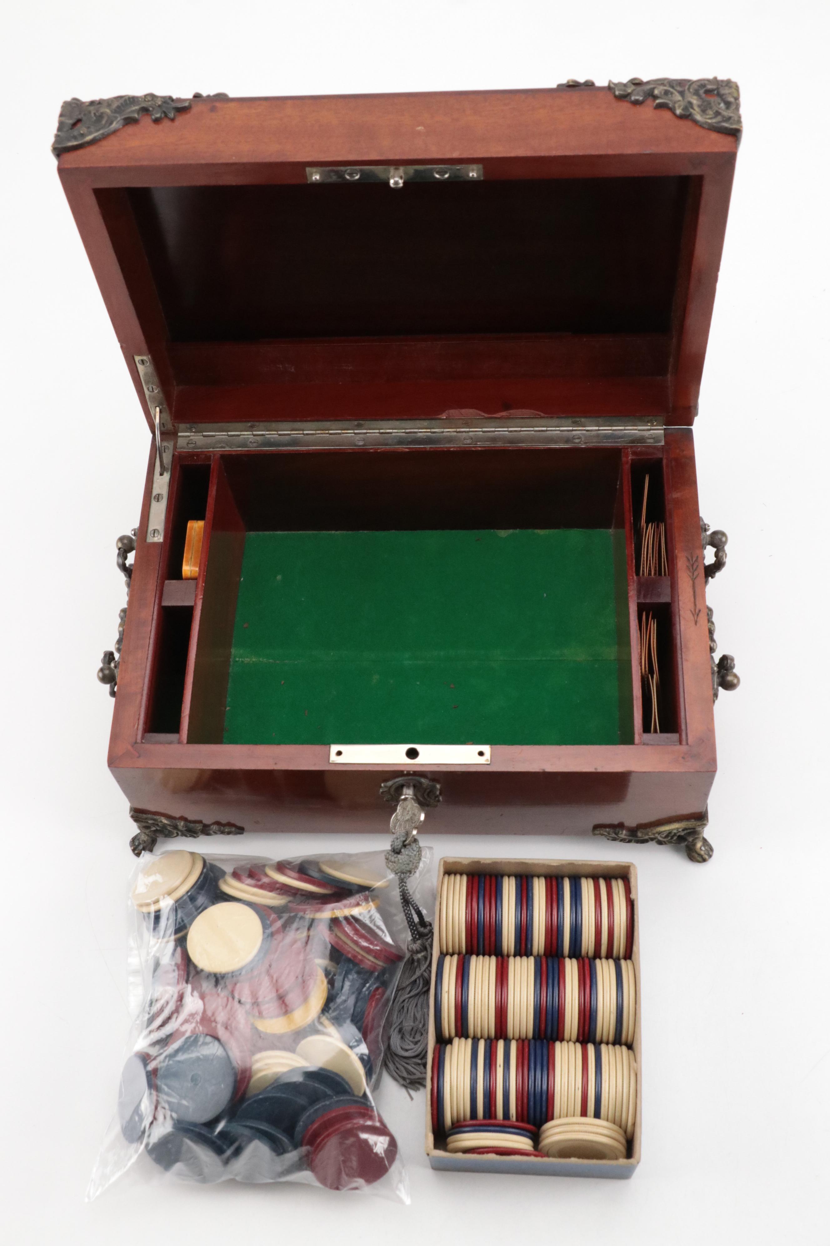 Victorian Metal Mount Mahogany Chest With Poker Chips and Score Keepers