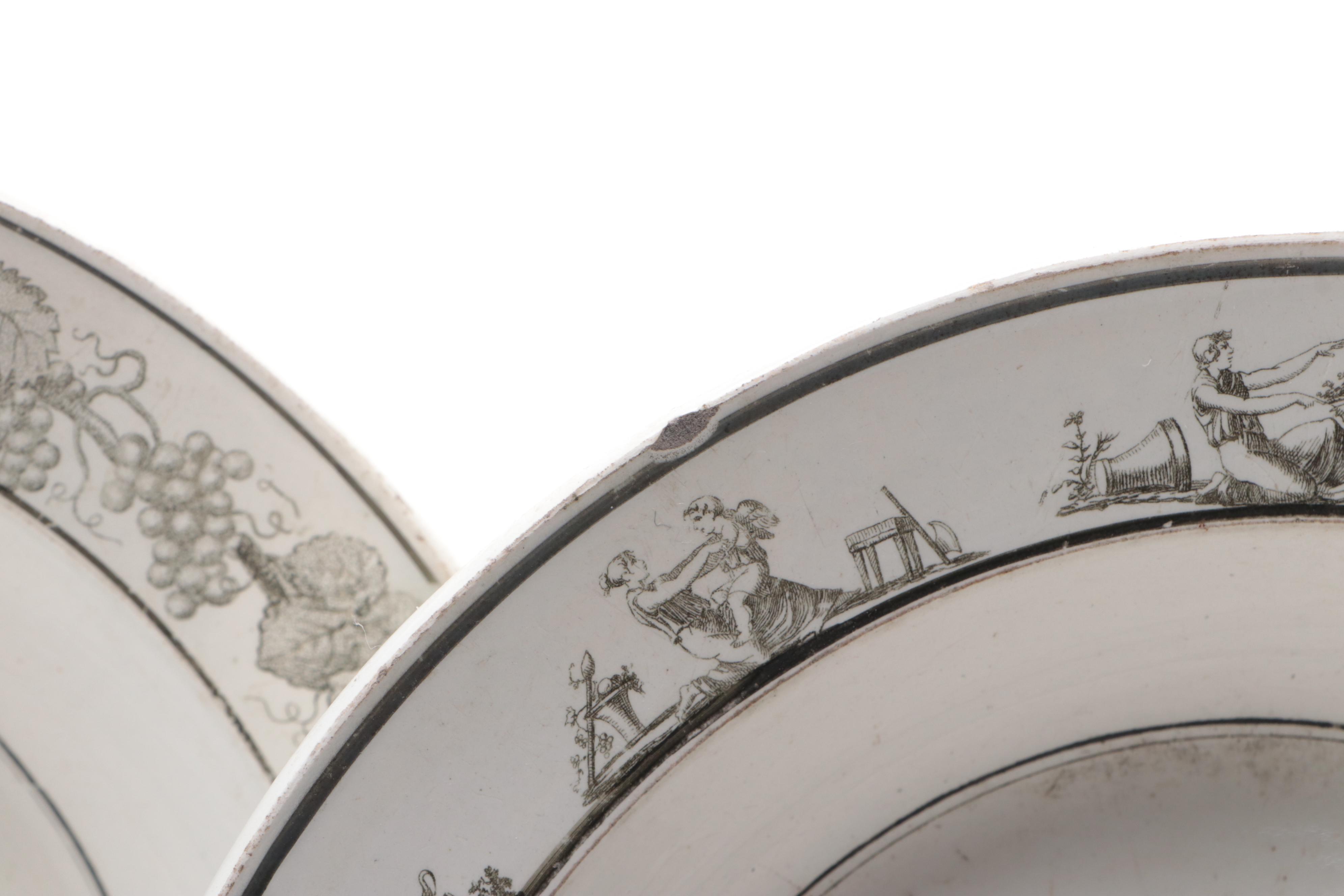 H.B. Boulenger Choisy-le-Roi with Other Faience Grisaille Transfer Soup Plates