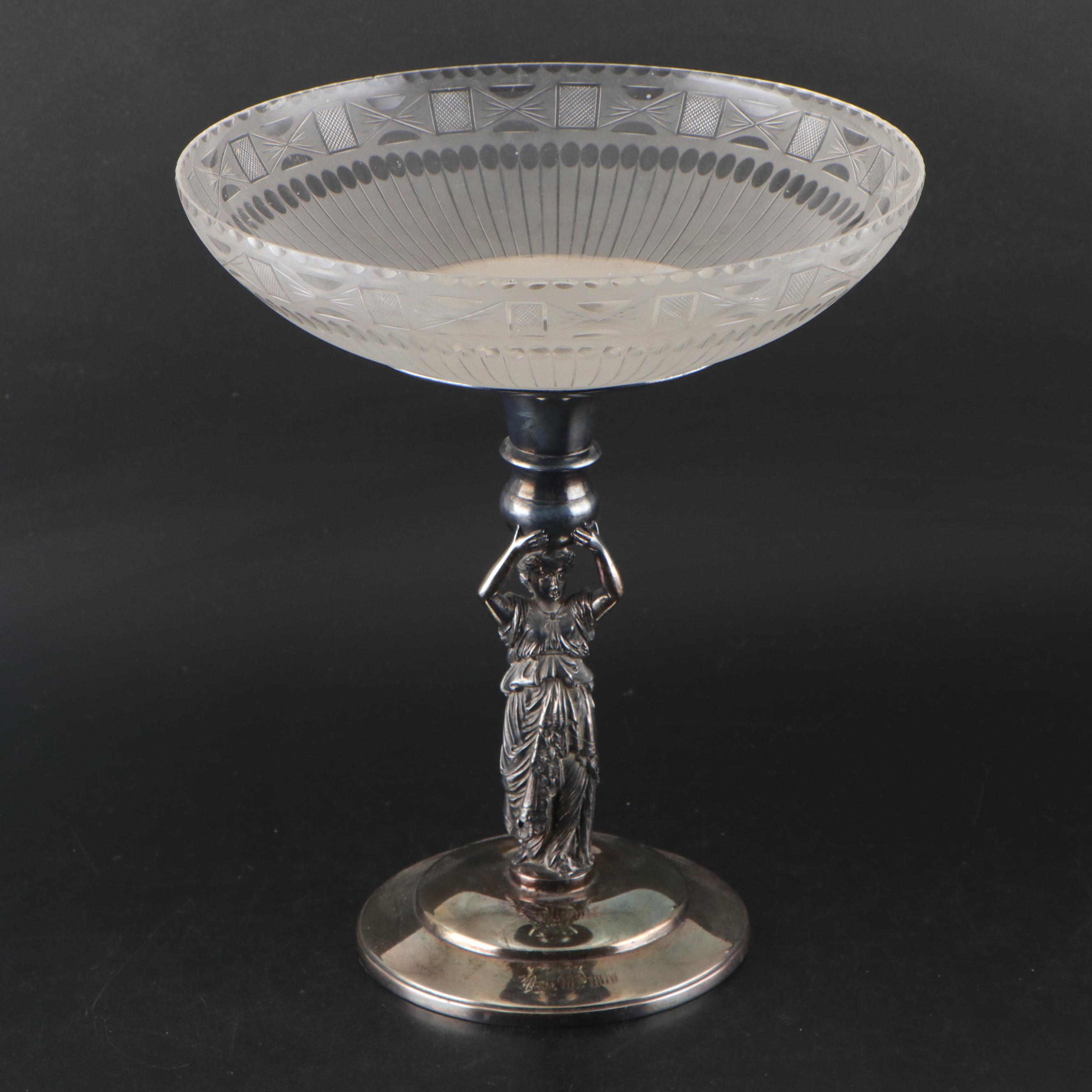 Late Victorian Wilcox Silver Plate Glass and Silver Plate Figural Tazza, 1870