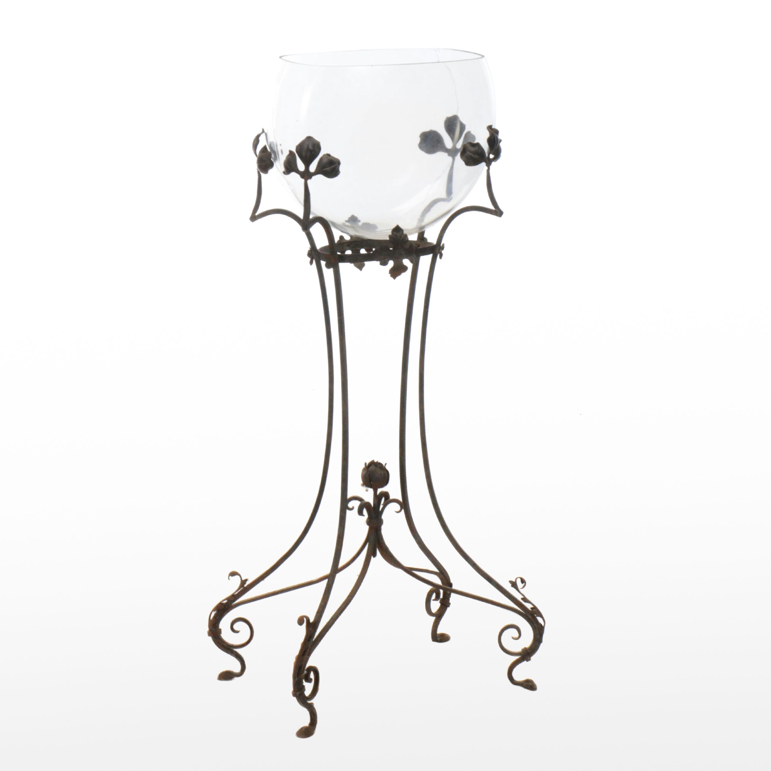 Victorian Wrought Iron Fishbowl Stand with Glass Bowl