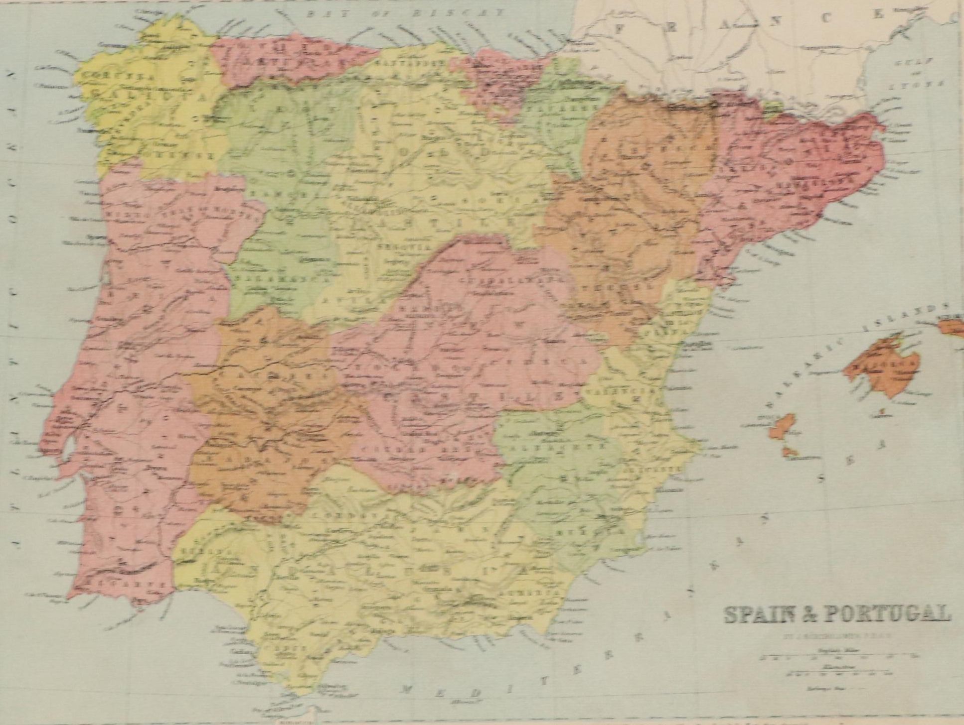 Color Lithograph Map "Spain and Portugal"