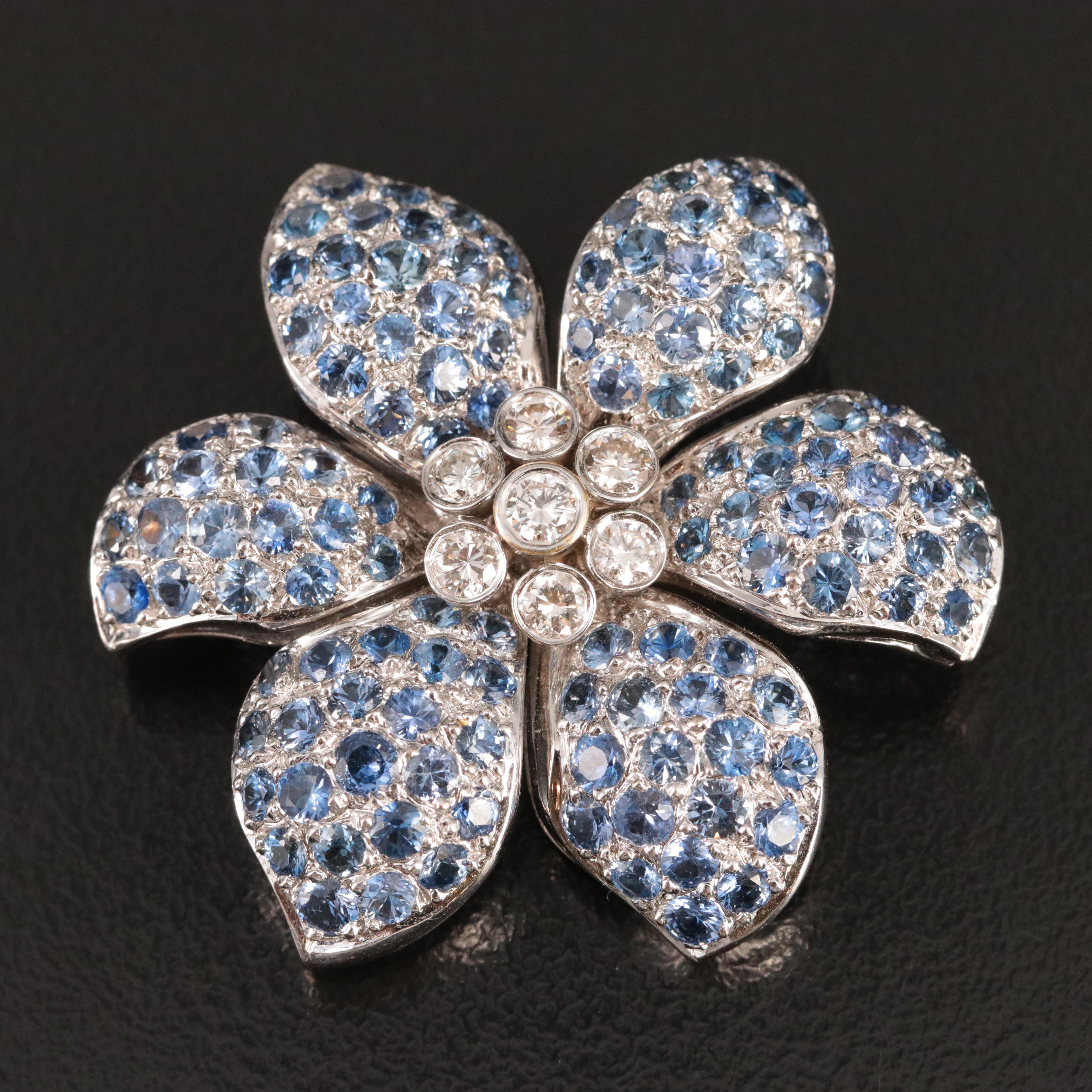 18K Diamond and Sapphire Flower Brooch