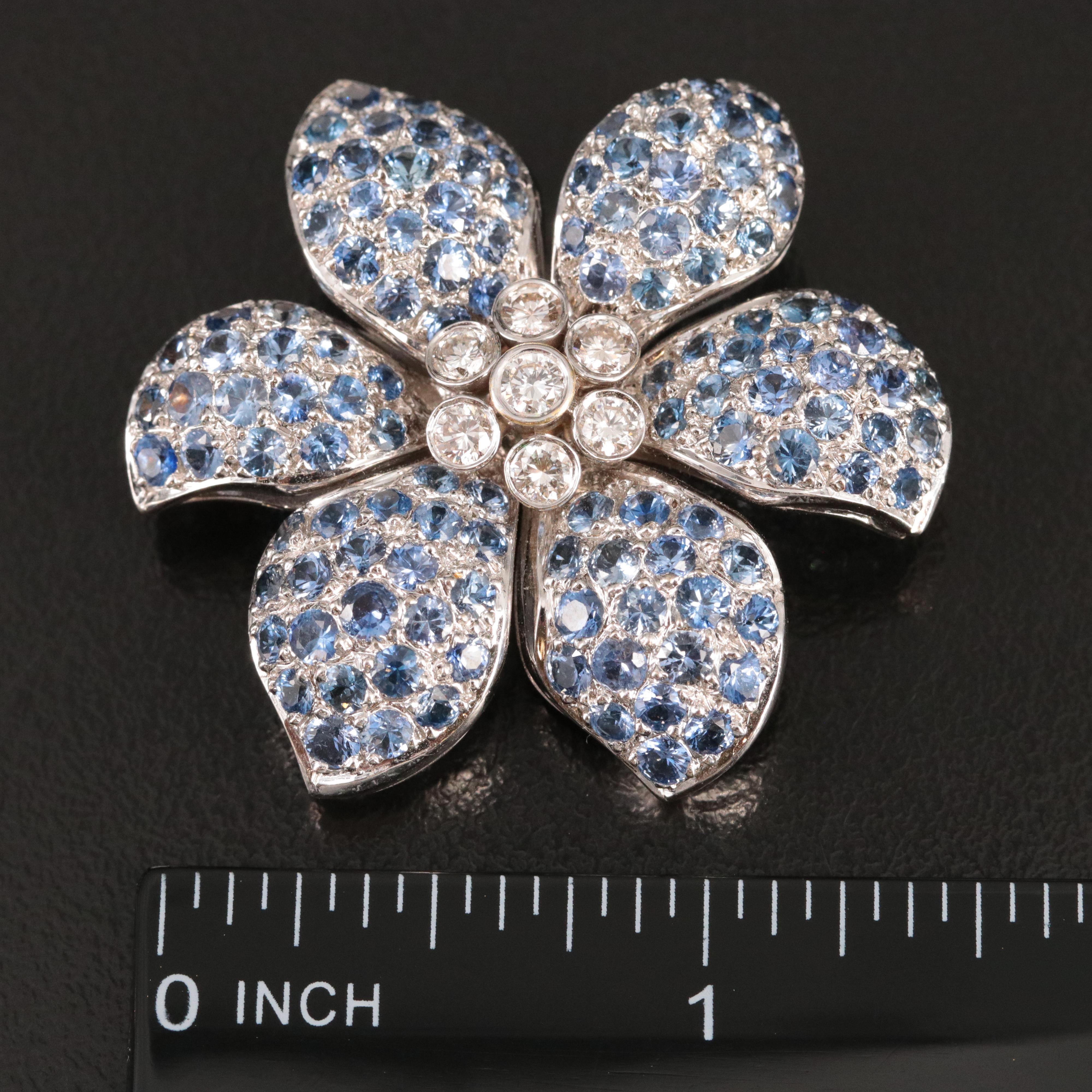 18K Diamond and Sapphire Flower Brooch