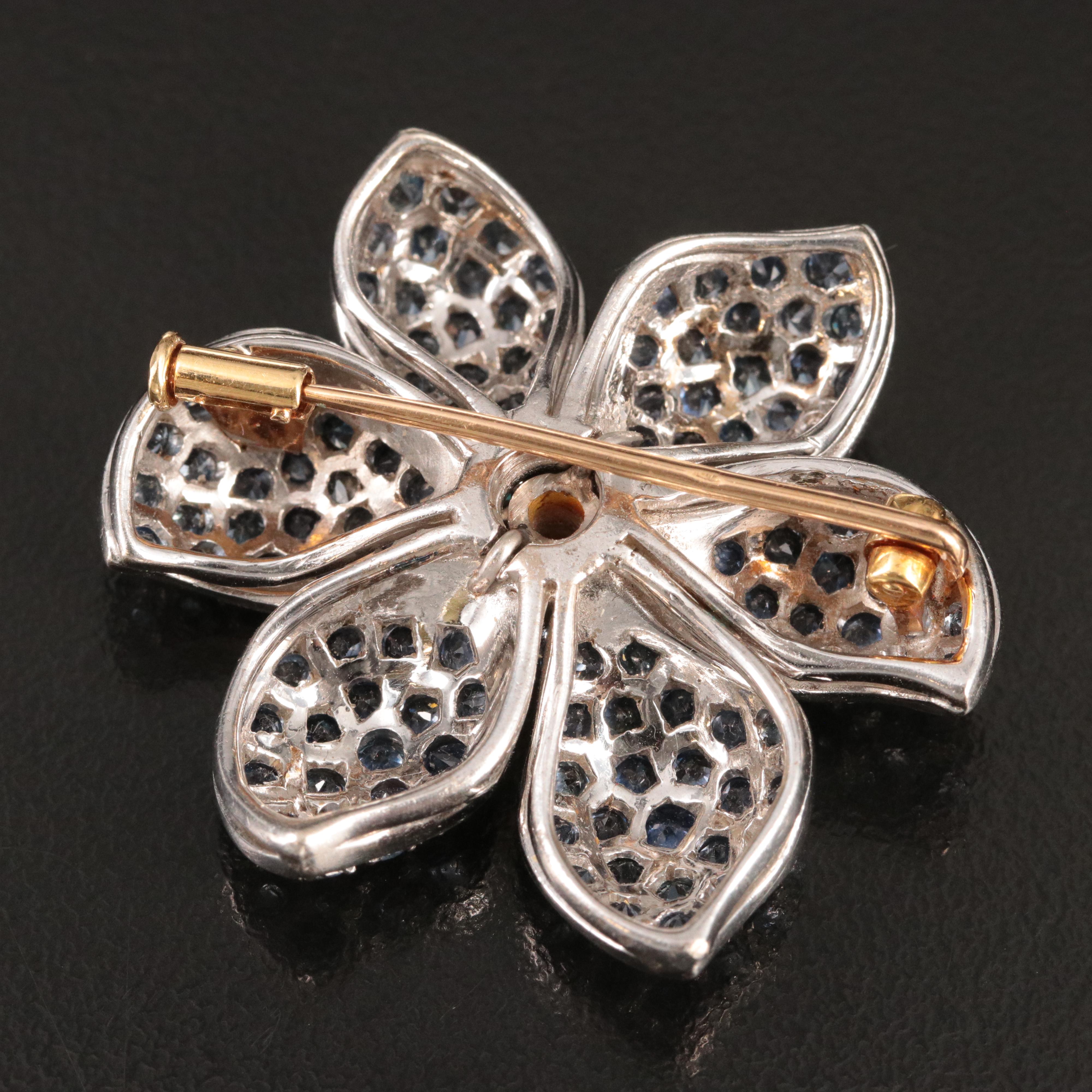 18K Diamond and Sapphire Flower Brooch