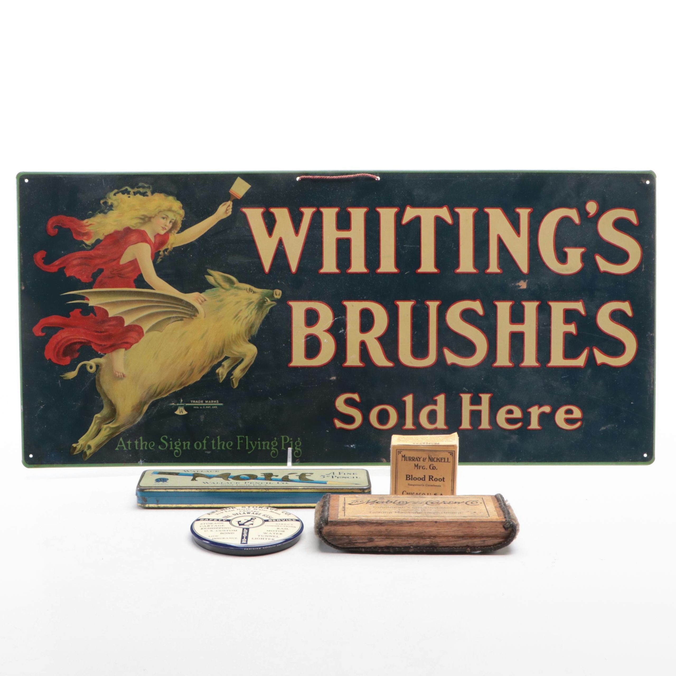 Whiting's Brushes Advertising Sign with Pocket Mirror, Pencil Box and More