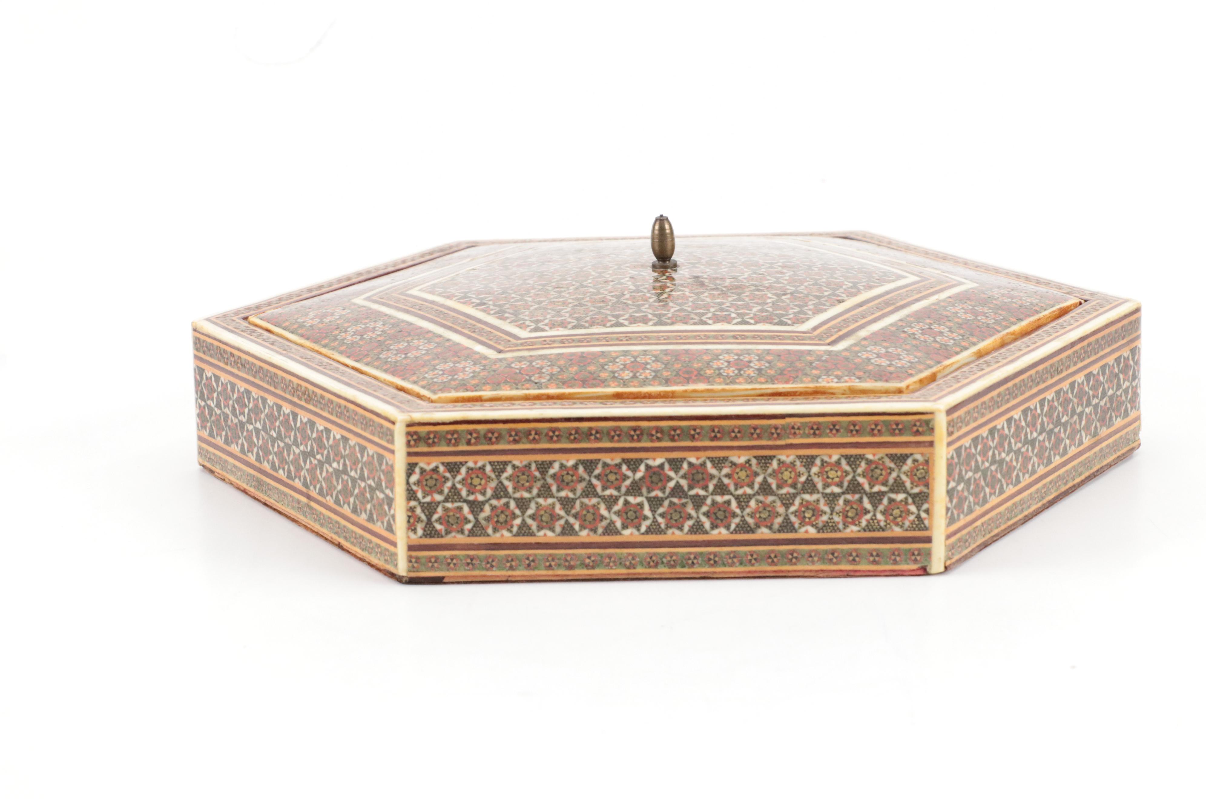 Indo-Persian Style Bone, Resin and Wood Mosaic Inlay Lidded Box