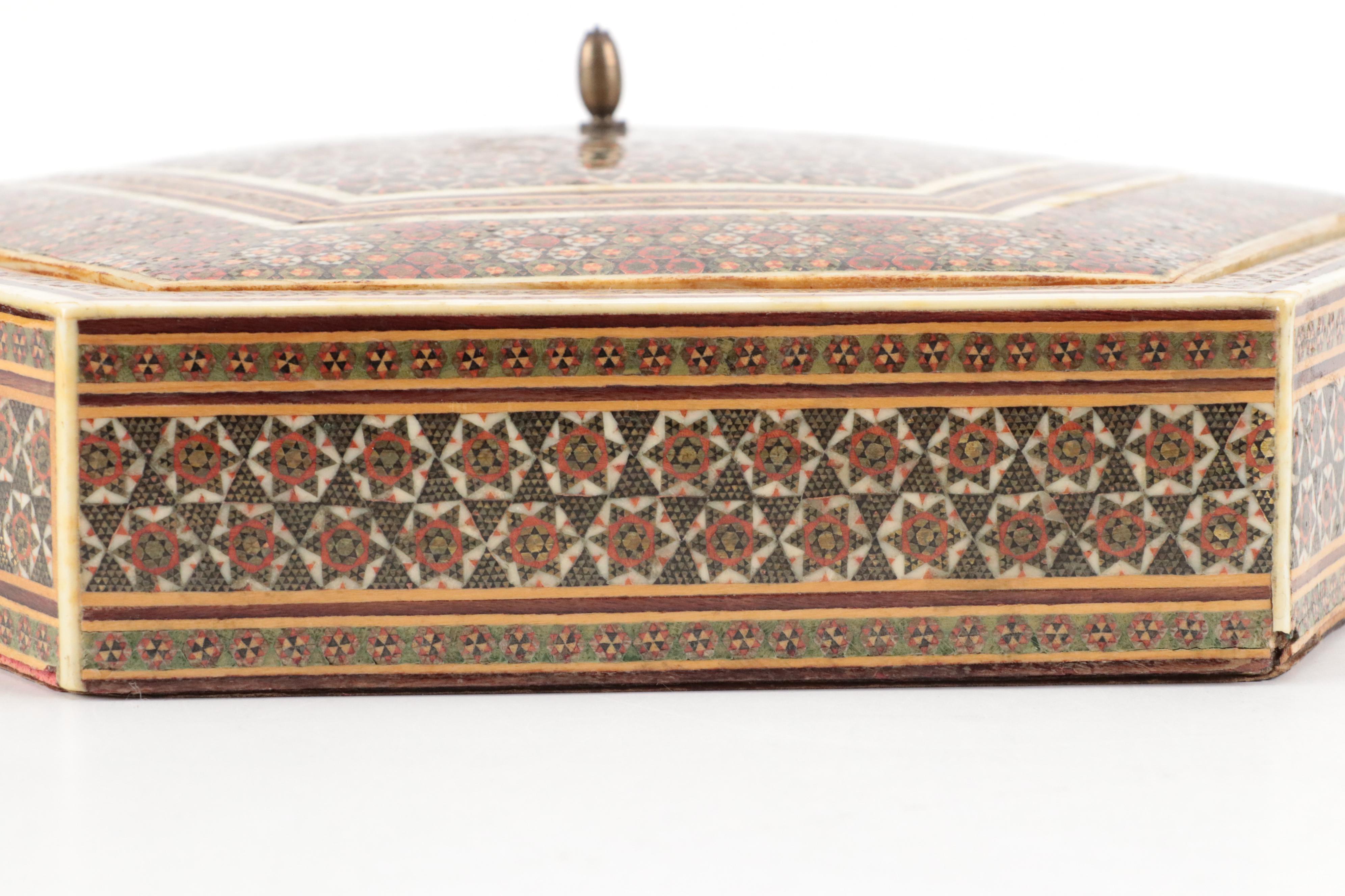 Indo-Persian Style Bone, Resin and Wood Mosaic Inlay Lidded Box